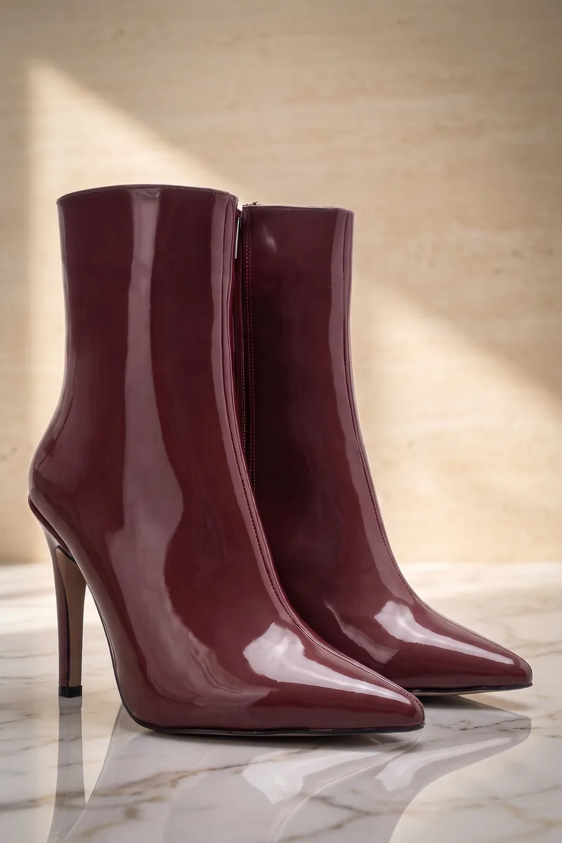 Ece Bordo Rugan Sivri Burun Stiletto Kadın Bot — 2
