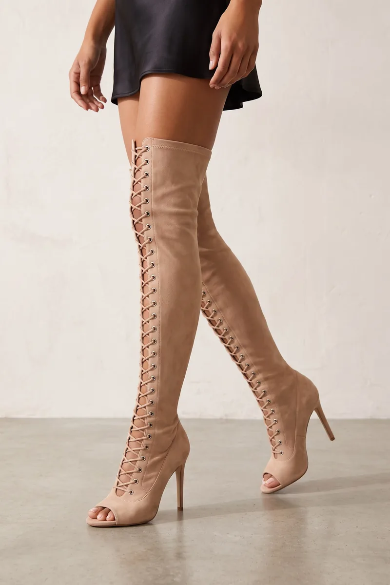 Lara Ten Süet Bağcıklı Açık Burun Stiletto Diz Üstü Kadın Çizme — 2