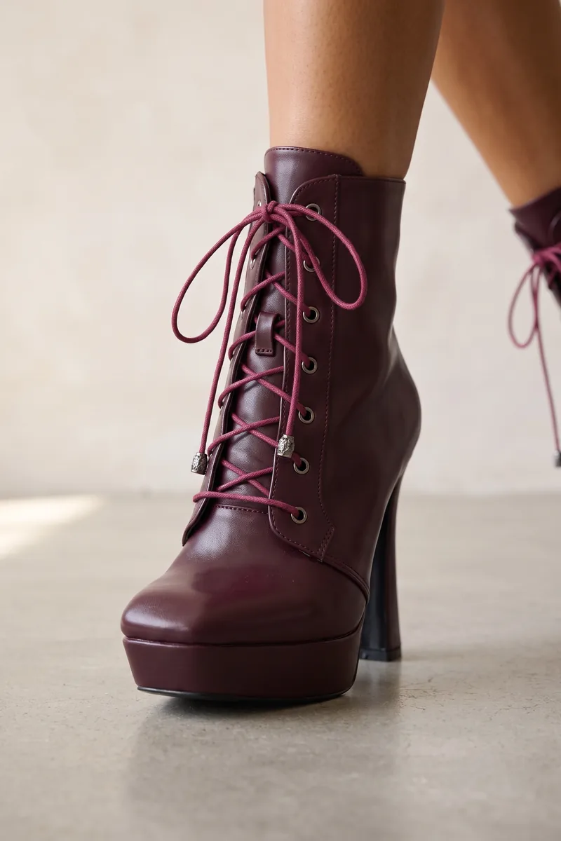 Nyx Bordo Cilt Bağcıklı Platform Kalın Yüksek Topuklu Kadın Bot — 3