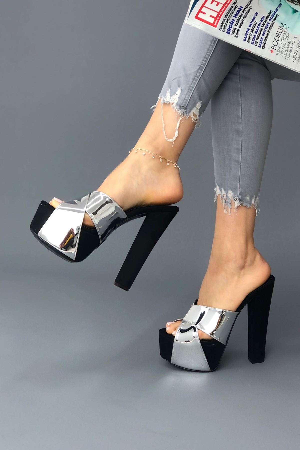 Mulan Siyah - Gümüş parlak Kadın Yüksek Topuklu Ayakkabı
