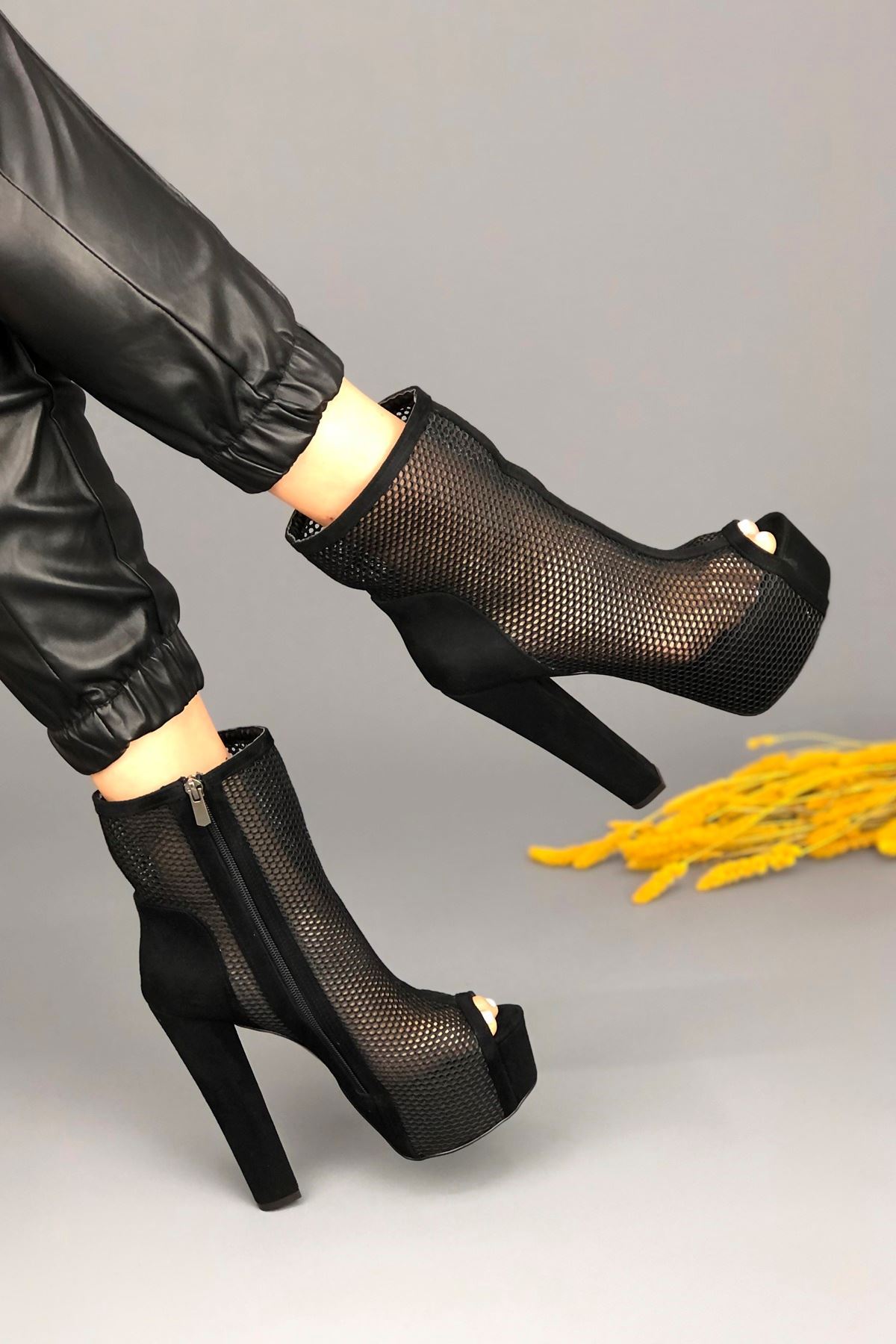 Yoko Siyah Süet Siyah File Kadın Platform Ayakkabı