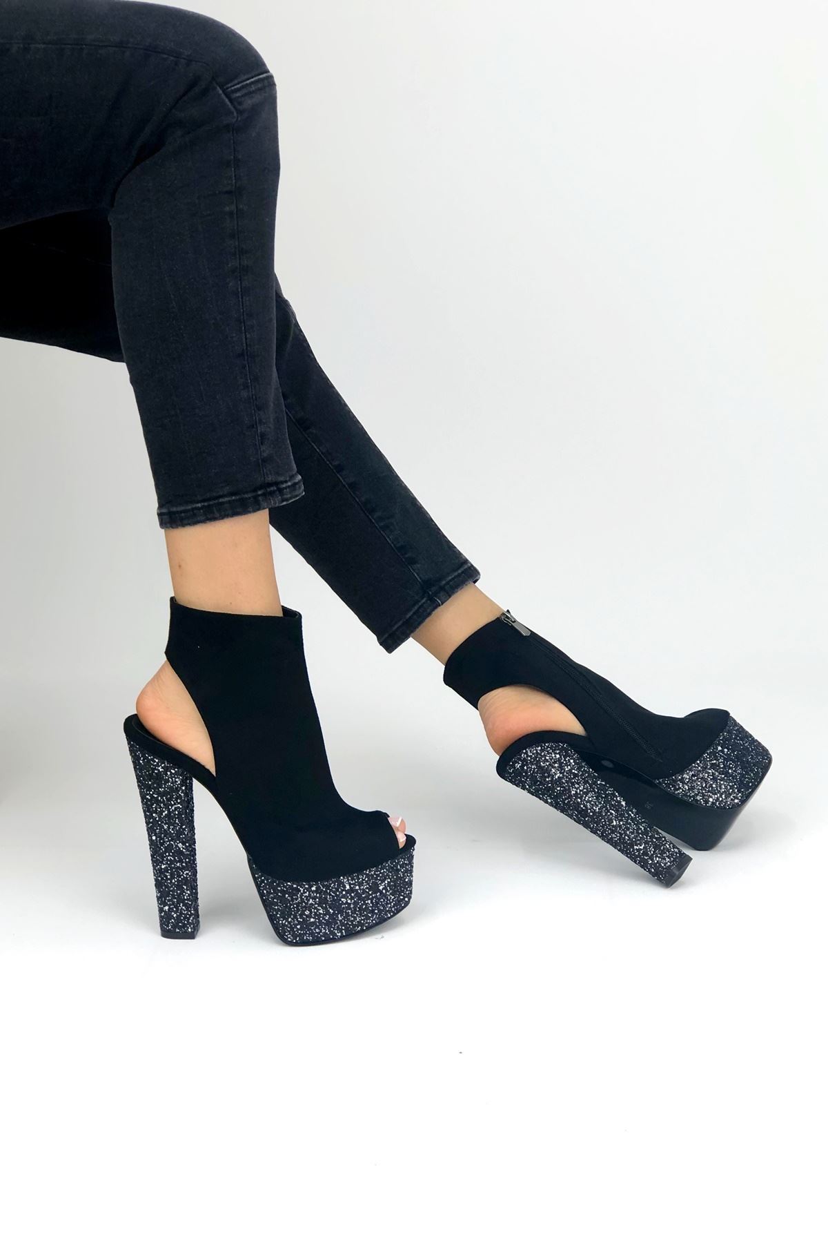 Tonya Siyah - Platin Cam Kırığı Kadın Platform Ayakkabı