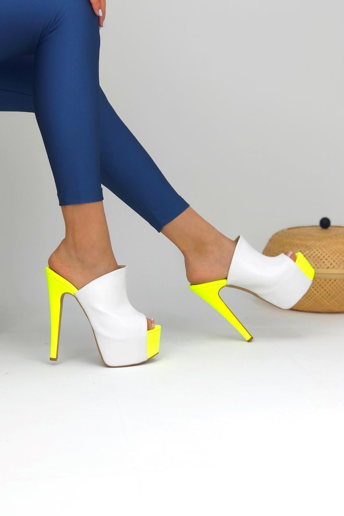 Simsi Beyaz - Sarı Kadın Topuklu Ayakkkabı