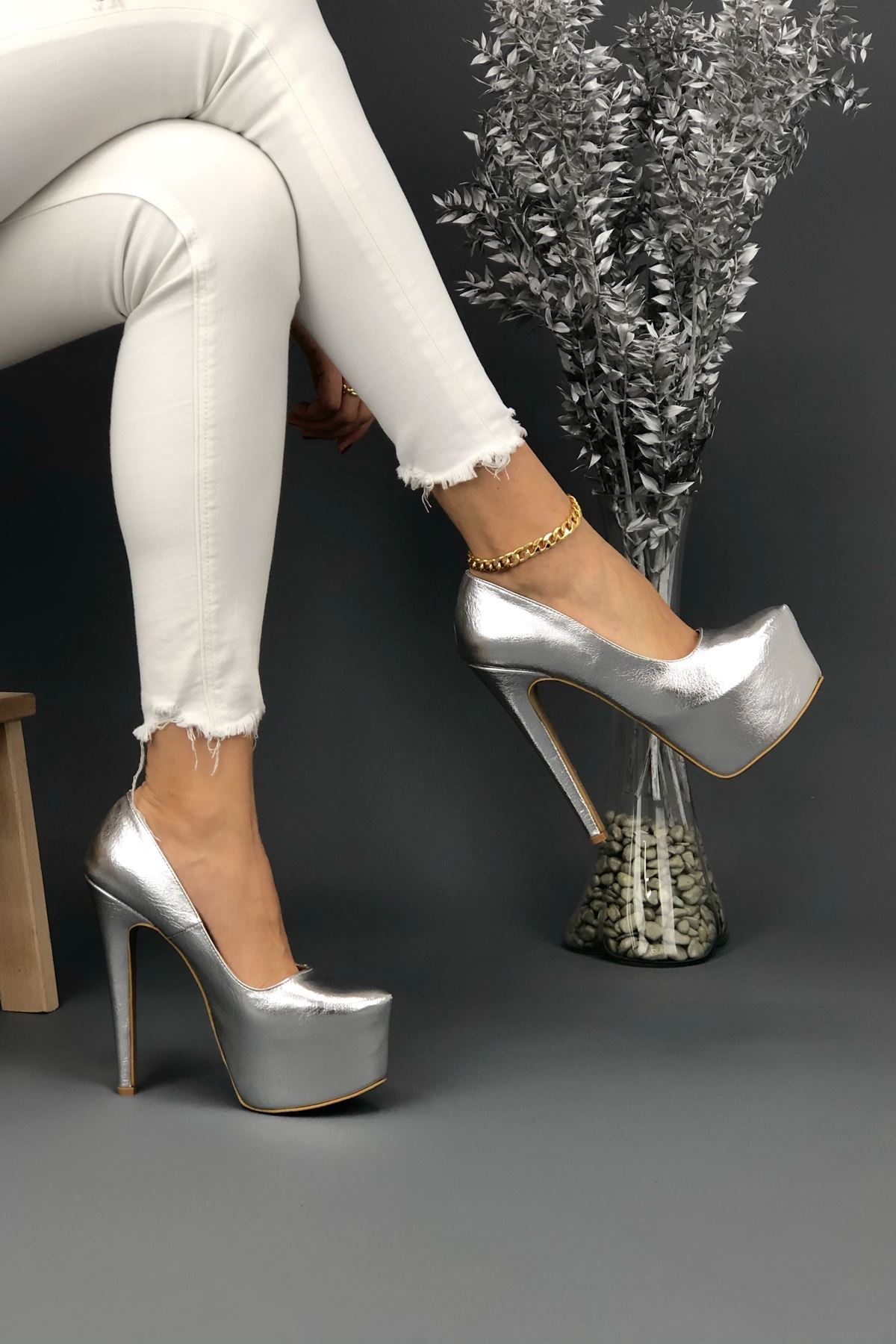 Ribbon Gümüş Parlak Platform Kadın Ayakkabı