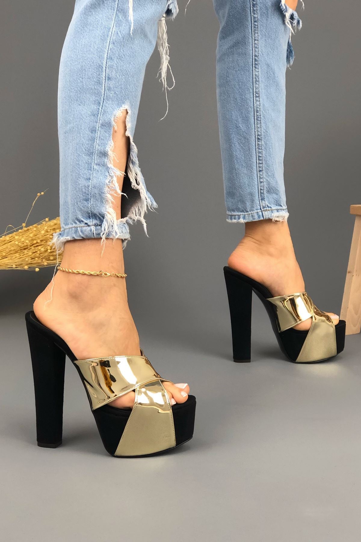 Mulan Siyah - Altın parlak Kadın Yüksek Topuklu Ayakkabı