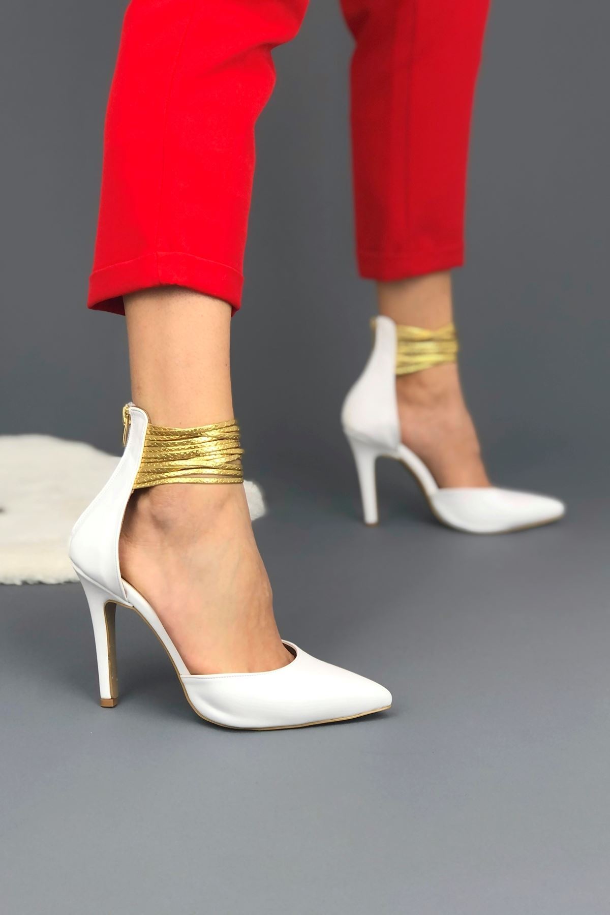 Abigail Beyaz Cilt Gold biyeli kadın Topuklu Ayakkabı