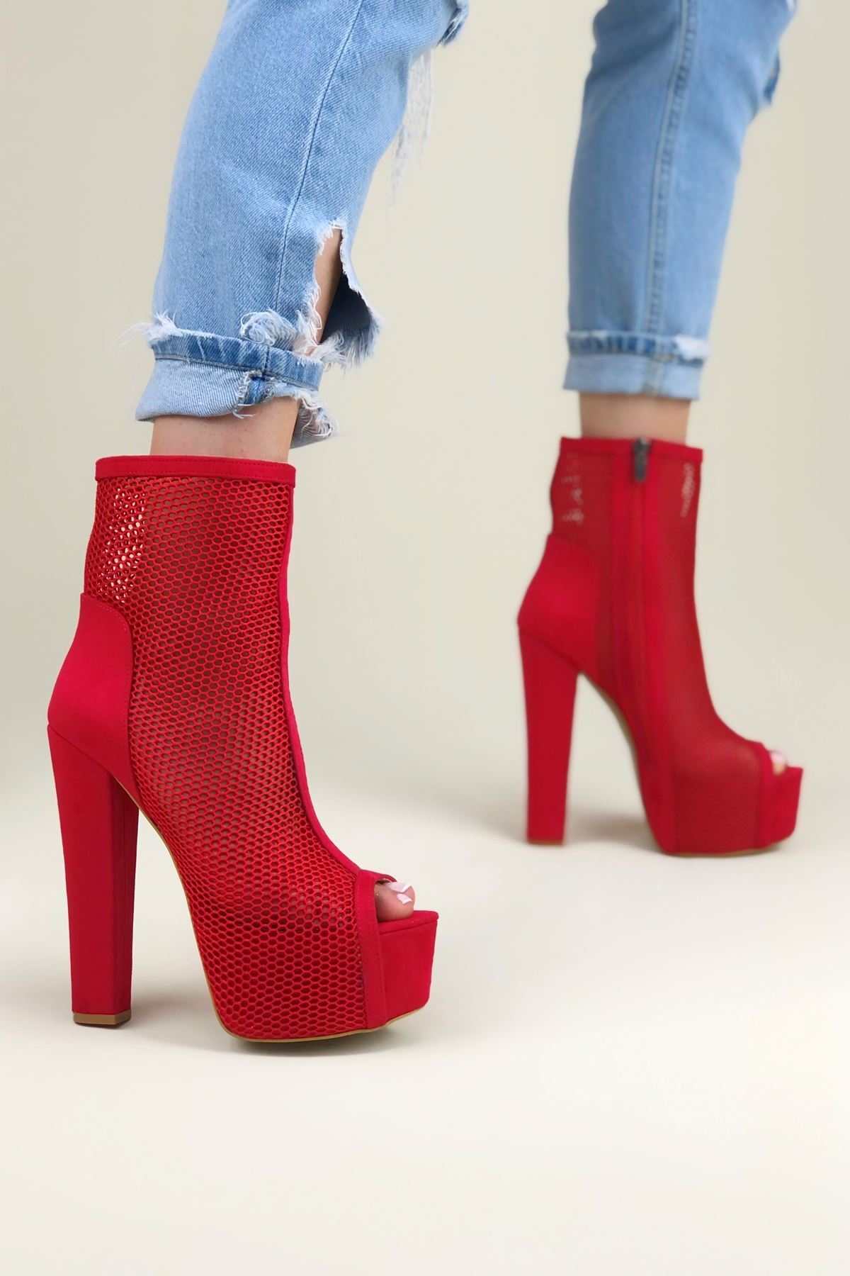 Yoko Kırmızı Süet Kırmızı File Kadın Platform Ayakkabı