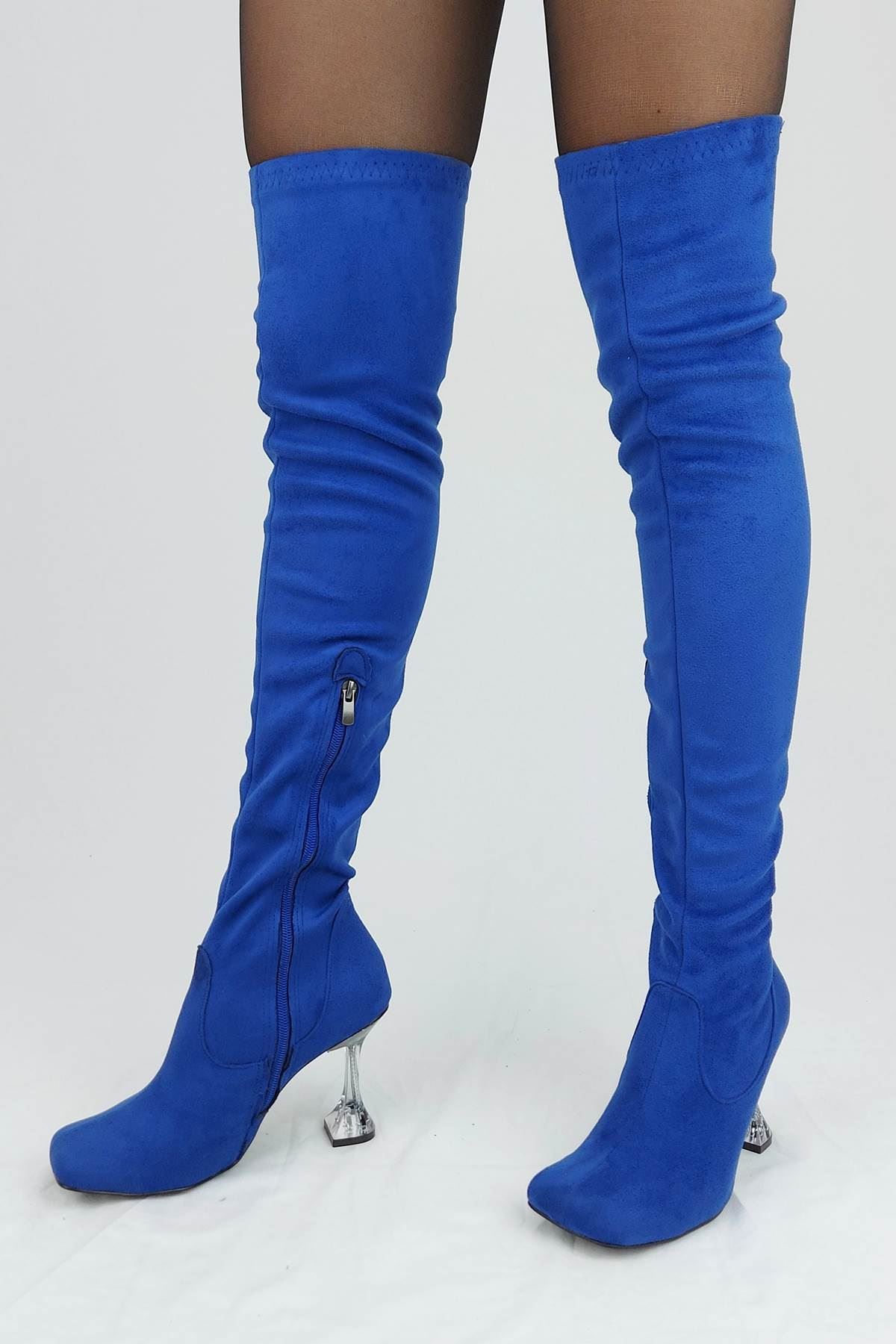 İvan Sax Mavi Süet Fashion Topuklu Diz Üstü Çizme