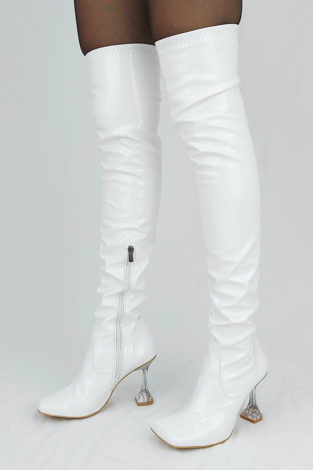 İvan Beyaz Cilt Fashion Topuklu Diz Üstü Çizme