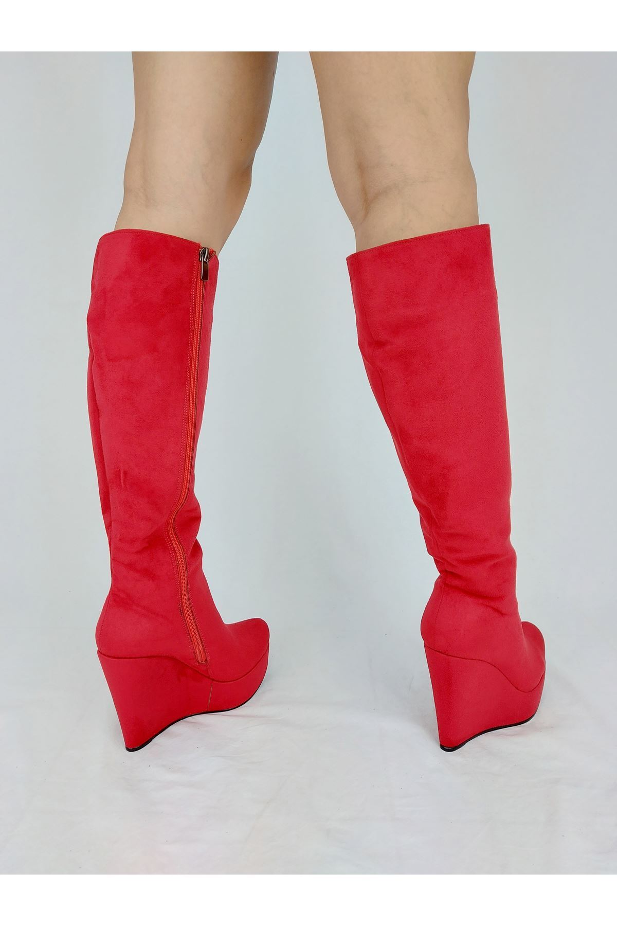 Kelly Kırmızı Süet Dolgu Topuklu Kadın Çizme