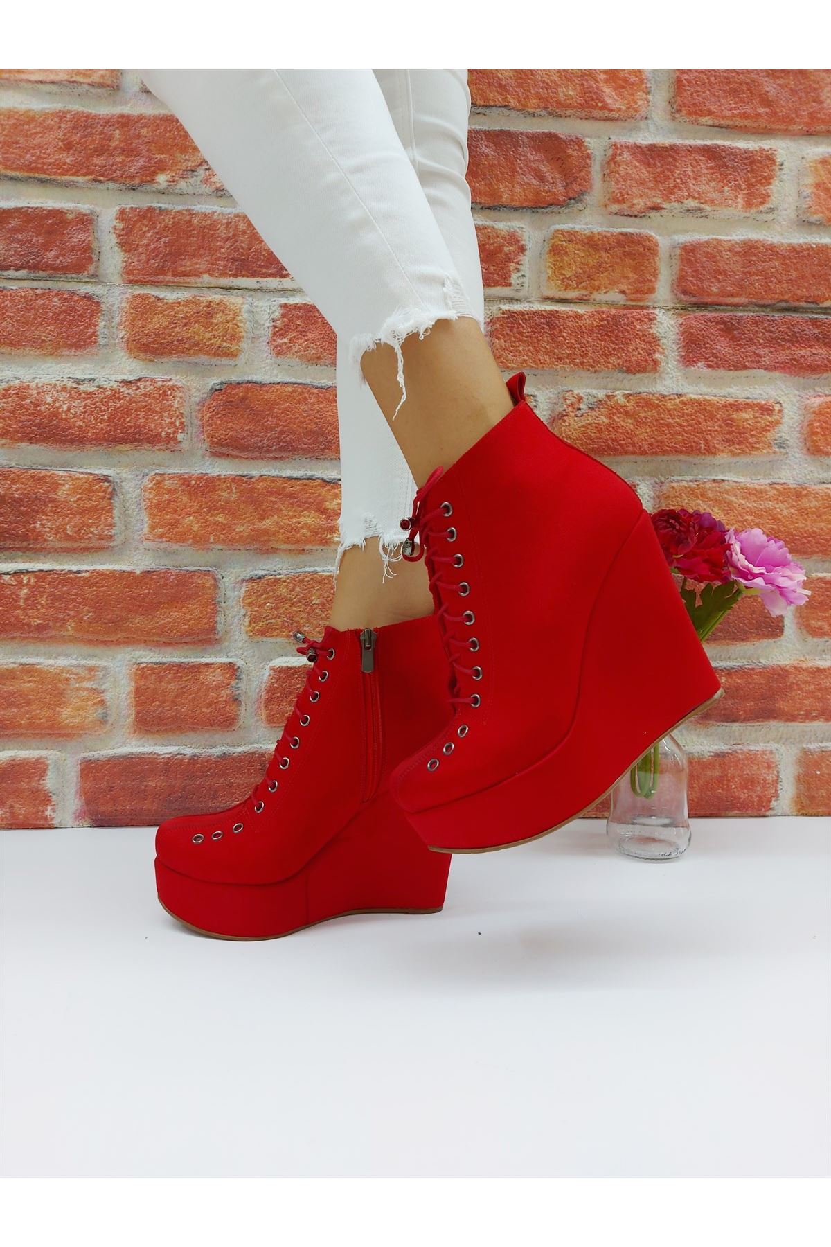 Lindy Kırmızı Süet Bağcıklı Dolgu Topuklu Ayakkabı