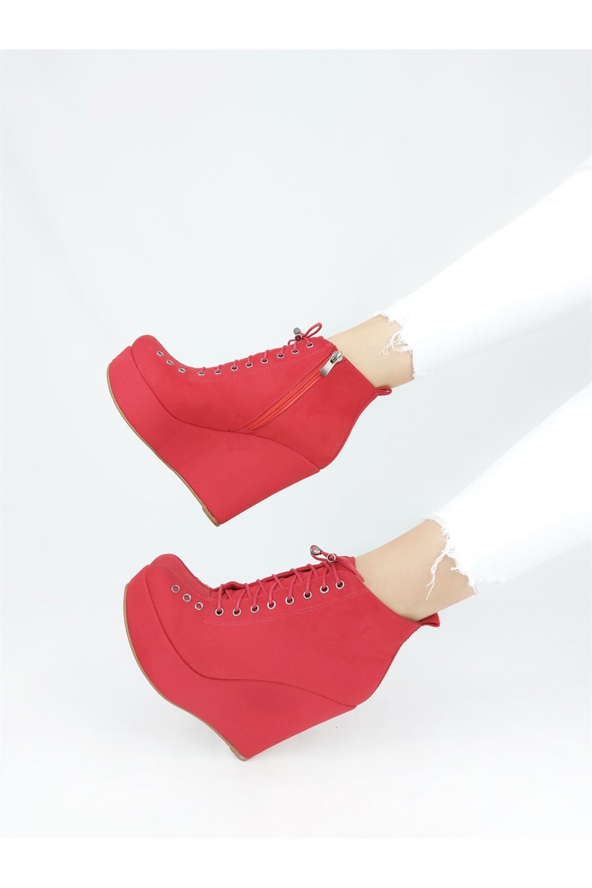 Lindy Kırmızı Süet Bağcıklı Dolgu Topuklu Ayakkabı