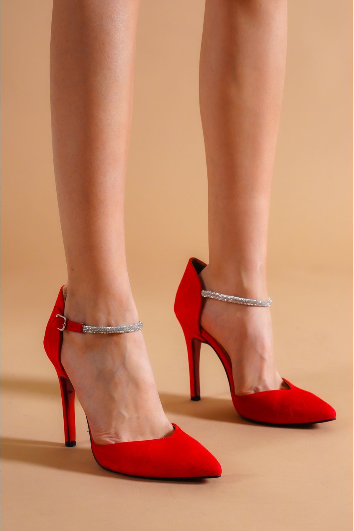 Sierra  Kırmızı Süet Taş Detaylı Kadın Topuklu Ayakkabı Stiletto