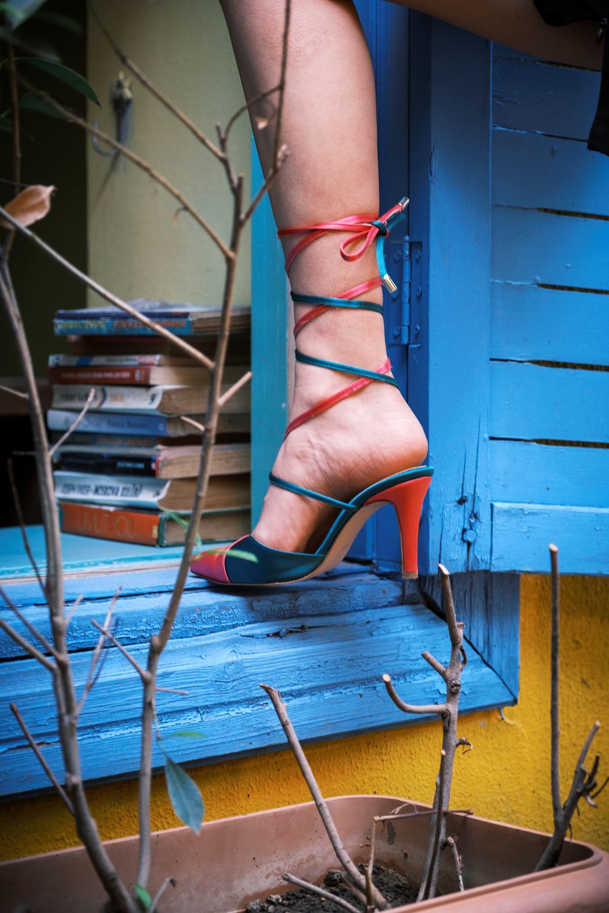 Fuşya Saten Yeşil Saten Biyeli Özel Tasarım  Topuklu Ayakkabı Stiletto Ursula
