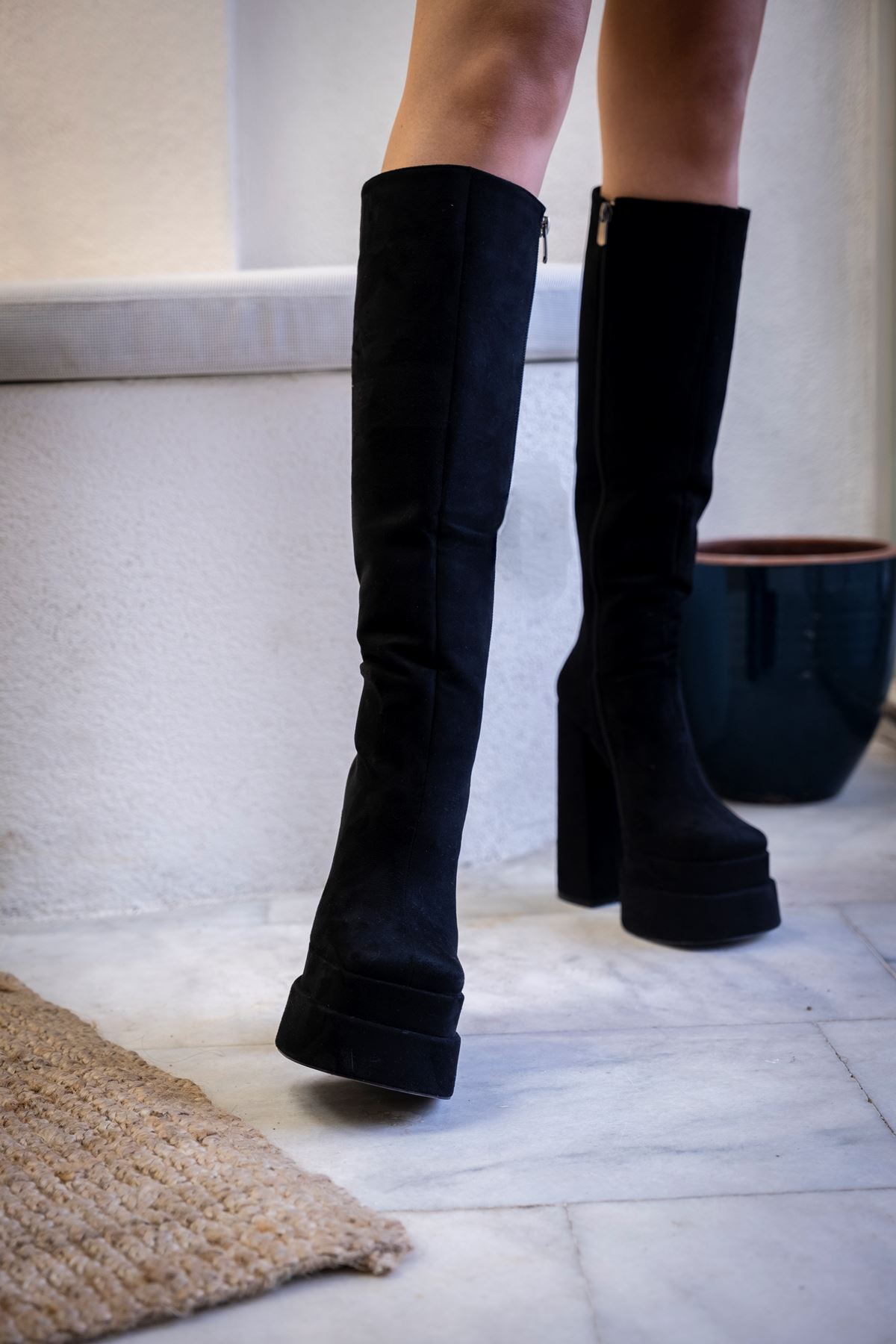 Siyah Süet Tasarım Çift Platform  Kadın Ayakkabı Penny