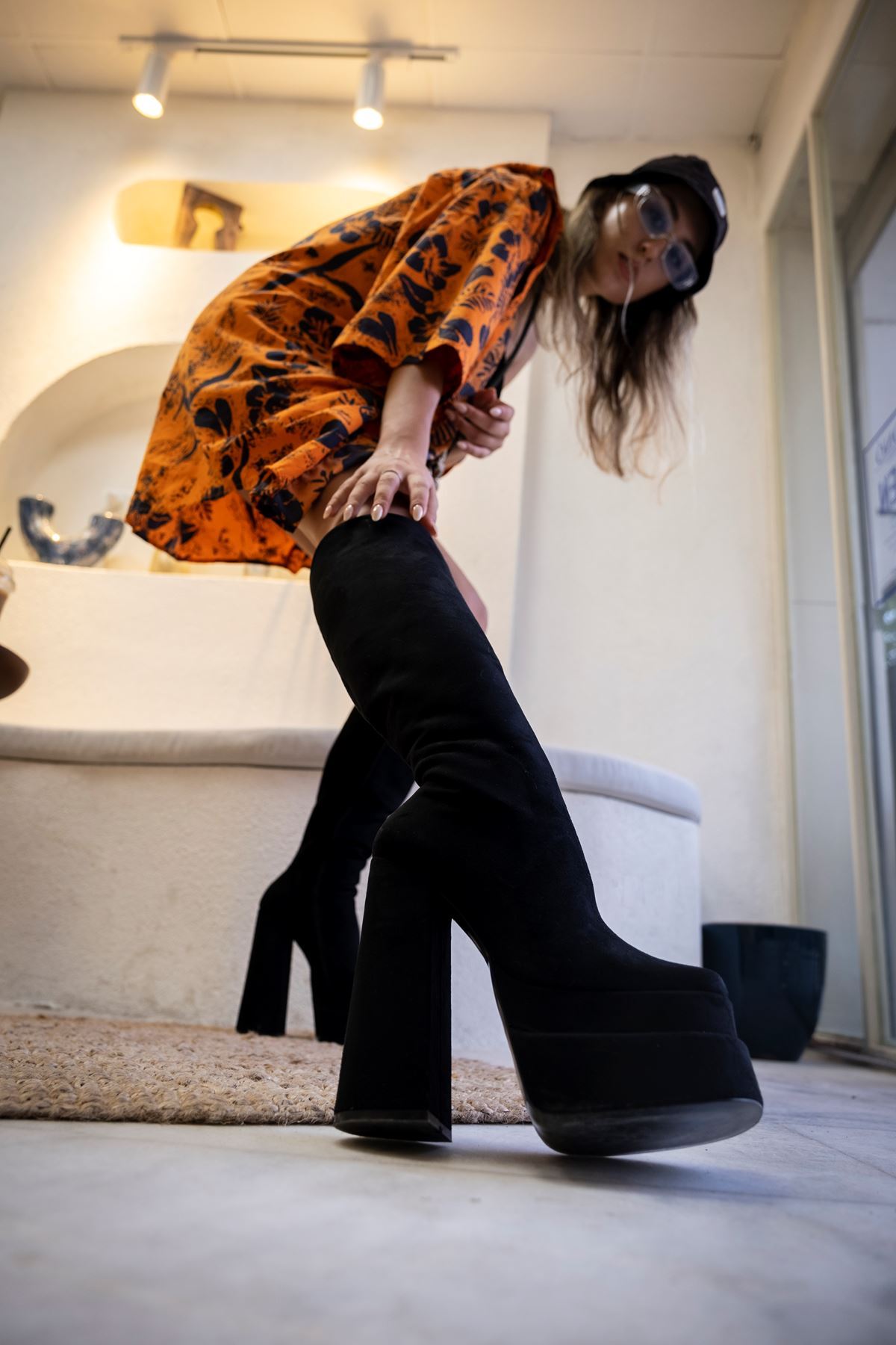 Siyah Süet Tasarım Çift Platform  Kadın Ayakkabı Penny