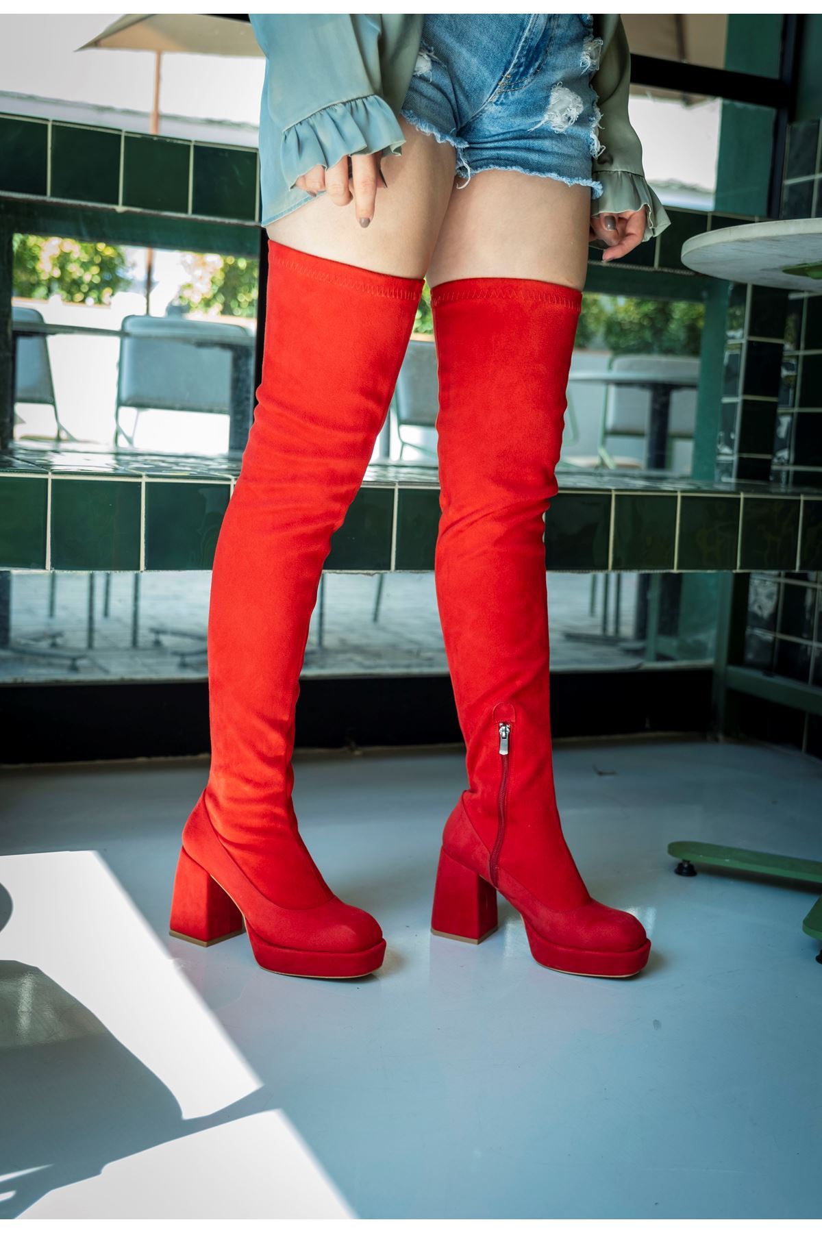 Kırmızı Süet Streç Tasarım Alçak  Platform  Kadın Ayakkabı Emery