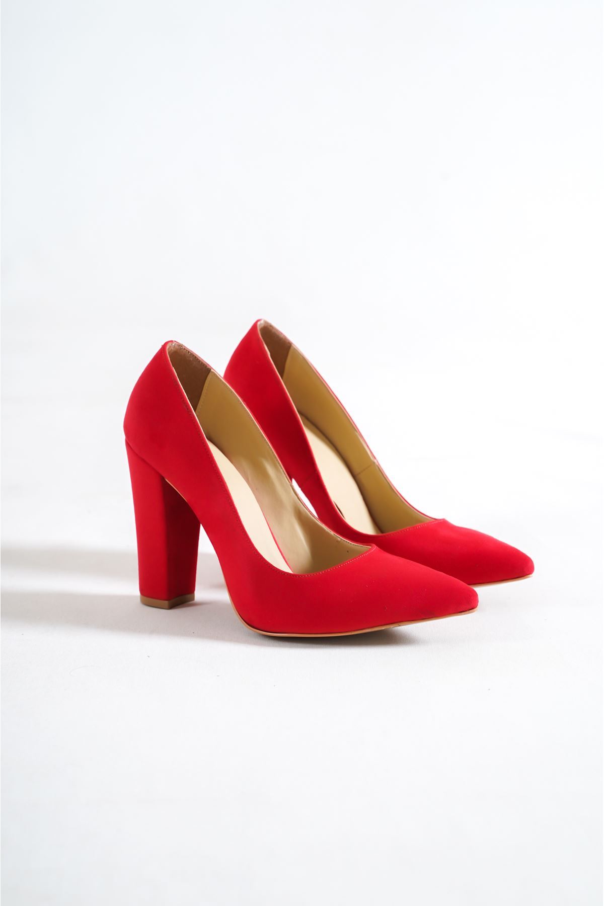 Tokyo Kırmızı Süet Kadın Kalın Topuklu Ayakkabı Stiletto