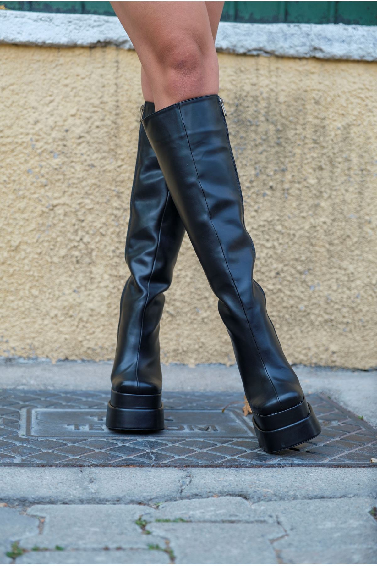 Siyah Cilt  Tasarım Çift Platform  Kadın Ayakkabı Penny