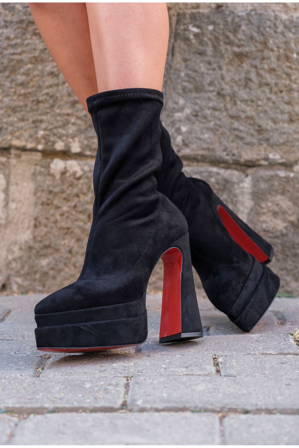 Siyah Süet Çift  Platform Özel Tasarım Kadın Ayakkabı Spica