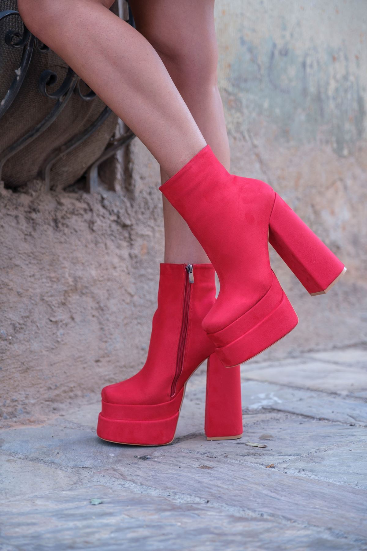 Kırmızı Süet Çift  Platform Özel Tasarım Kadın Ayakkabı Vega