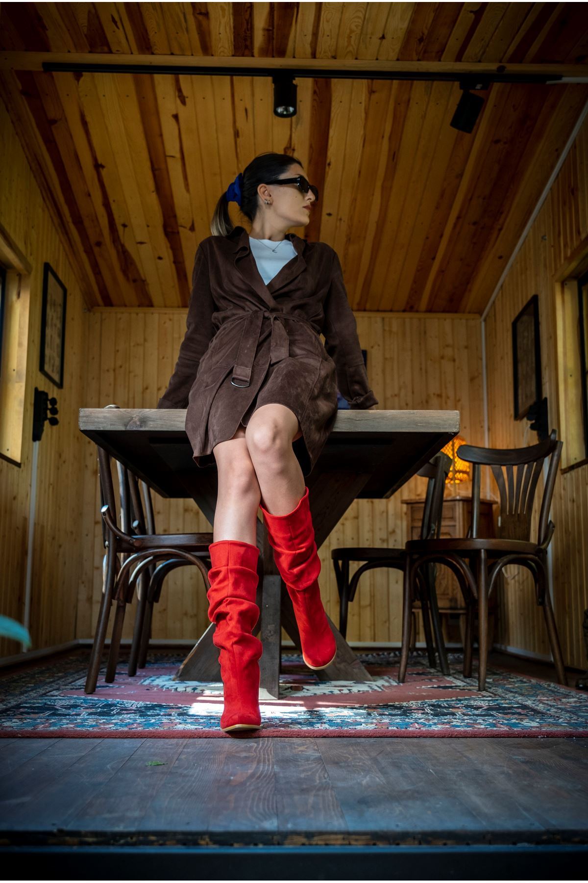 Alessi Kırmızı Süet Körüklü Kısa Kadın Kadın Çizme