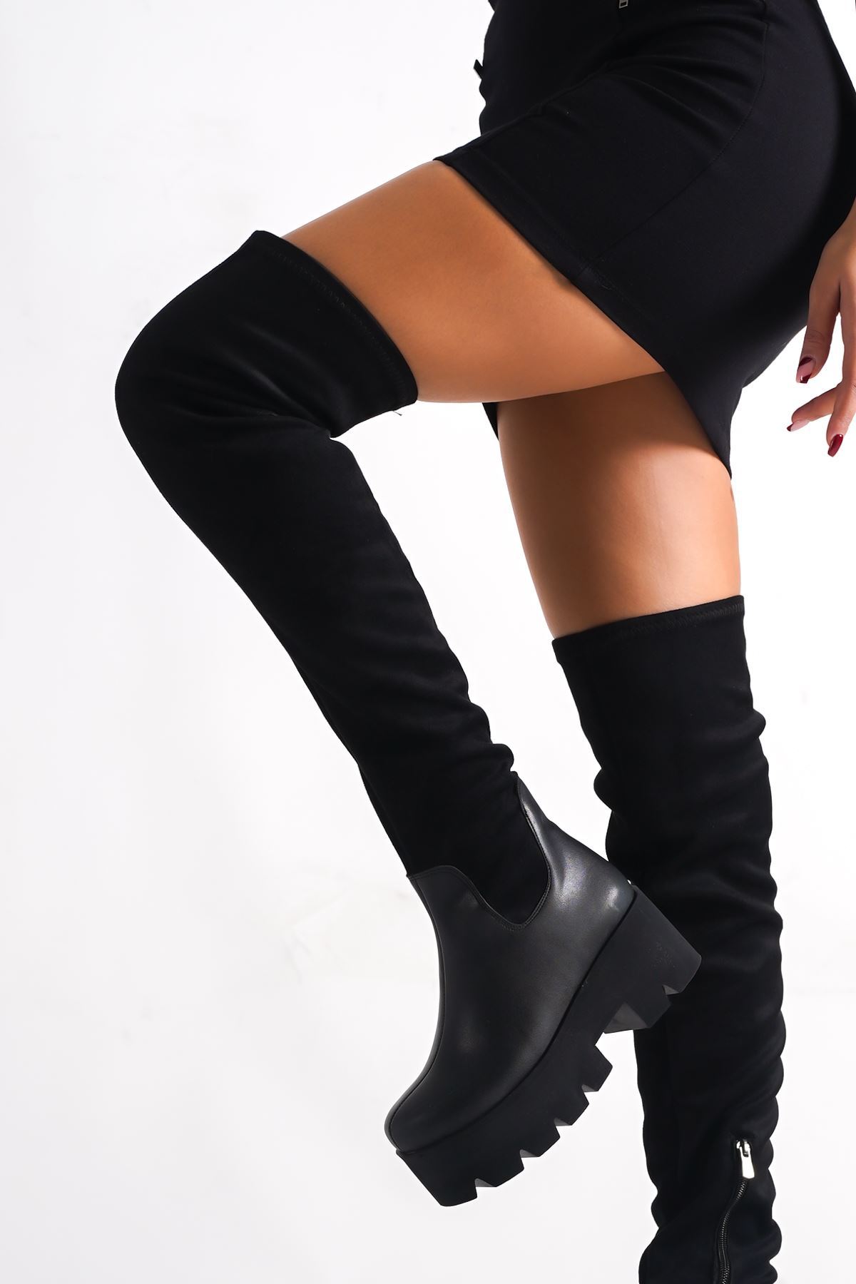 Siyah Cilt- Süet Streç Platform  Kadın Ayakkabı Dawn