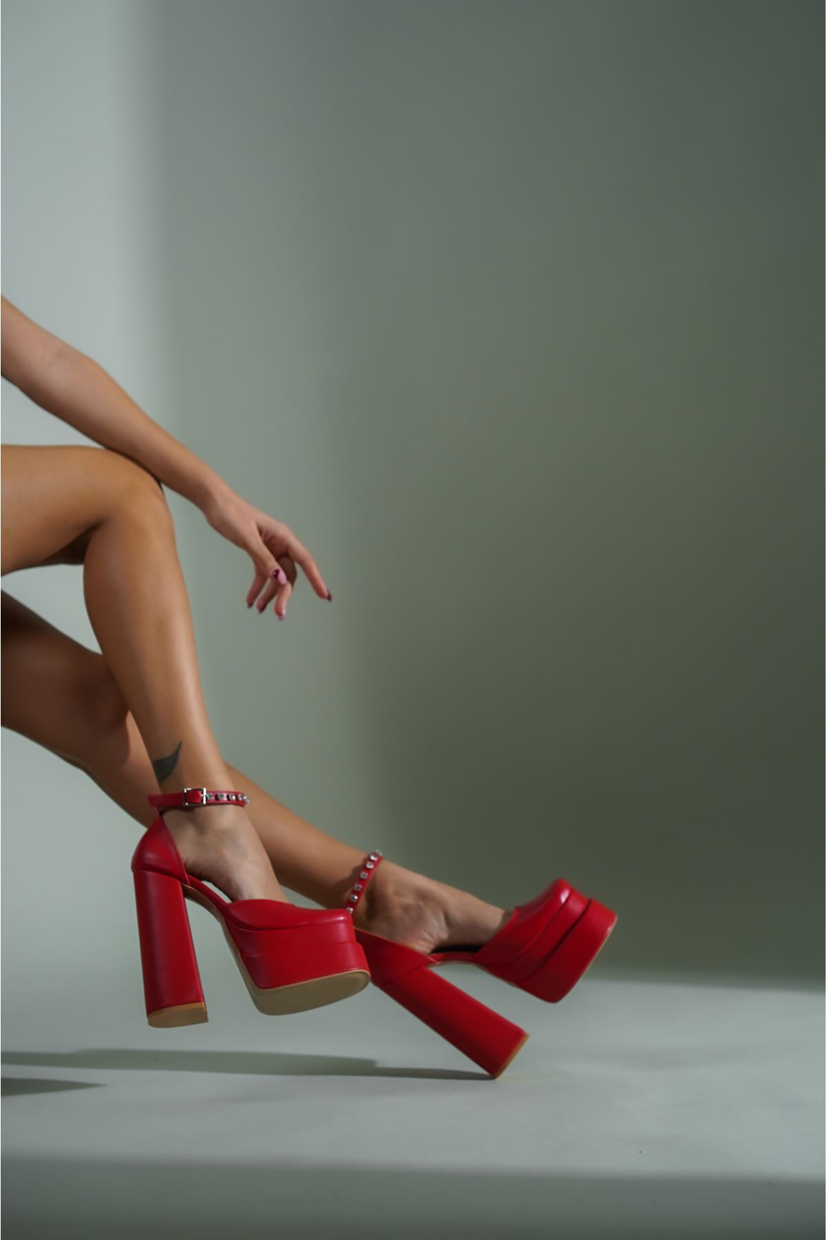 Kırmızı Cilt Çift  Platform Tasarım Kadın Ayakkabı Figoc