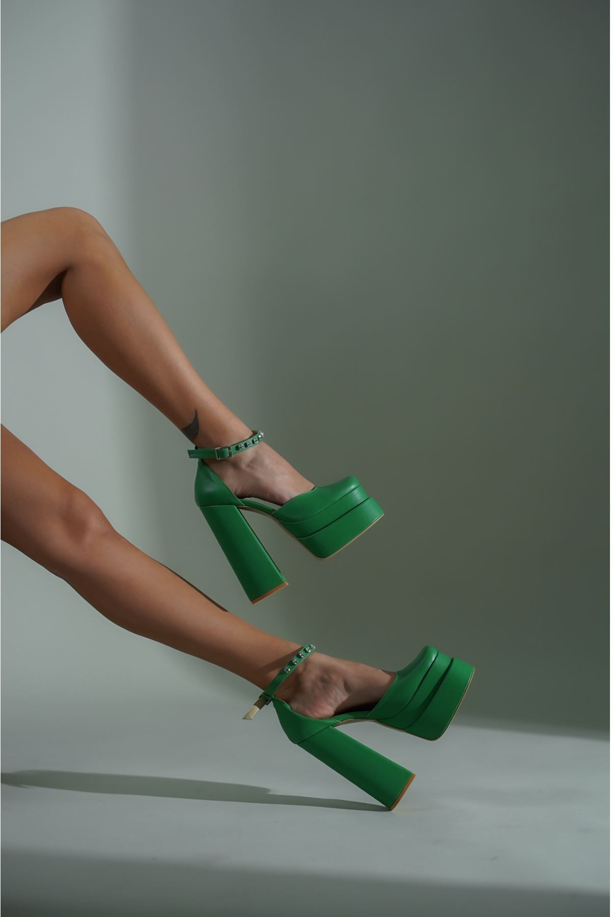 Yeşil Cilt Çift  Platform Tasarım Kadın Ayakkabı Figoc
