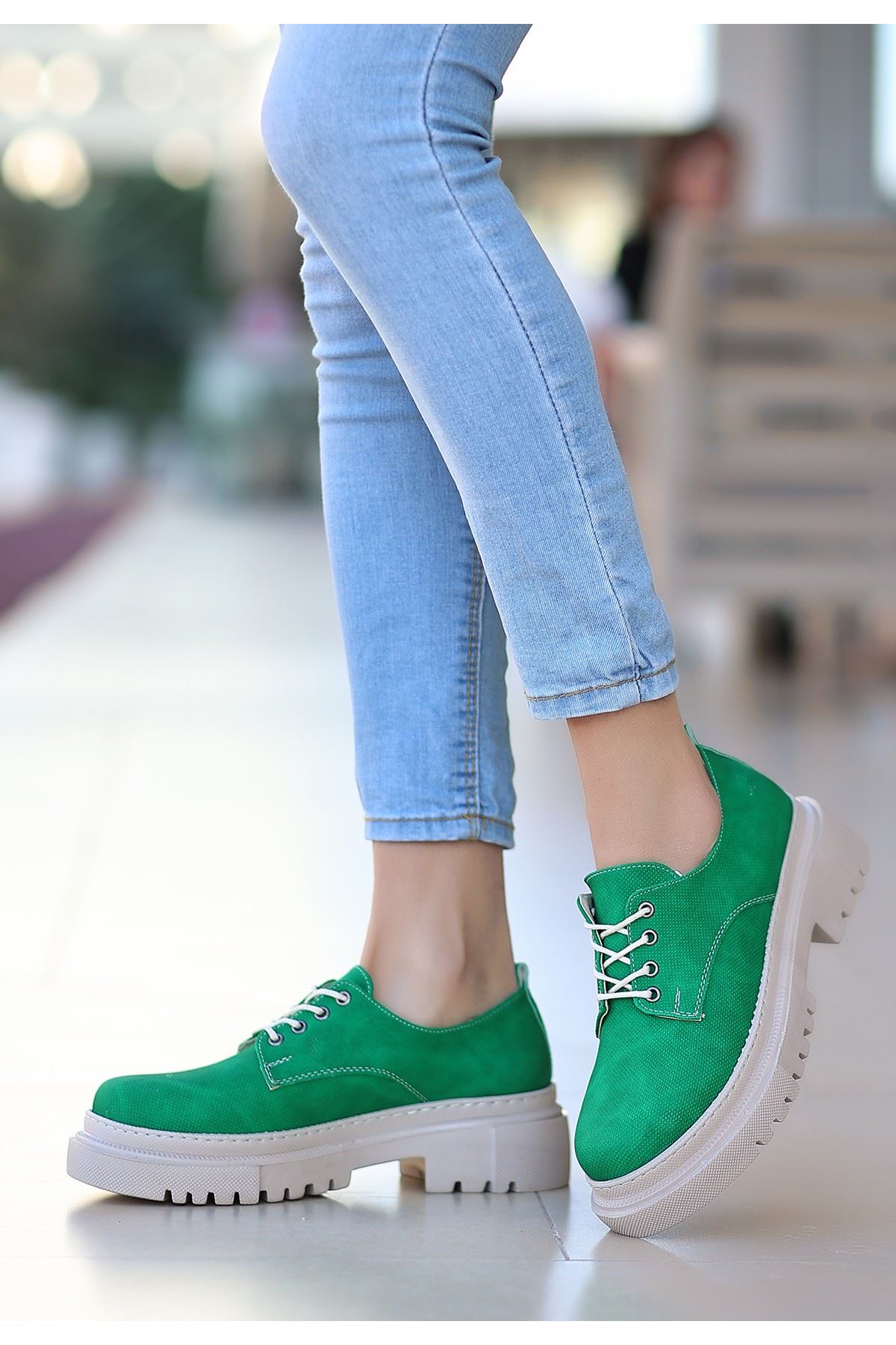 Teri Yeşil Cilt Desenli Bağcıklı Ayakkabı