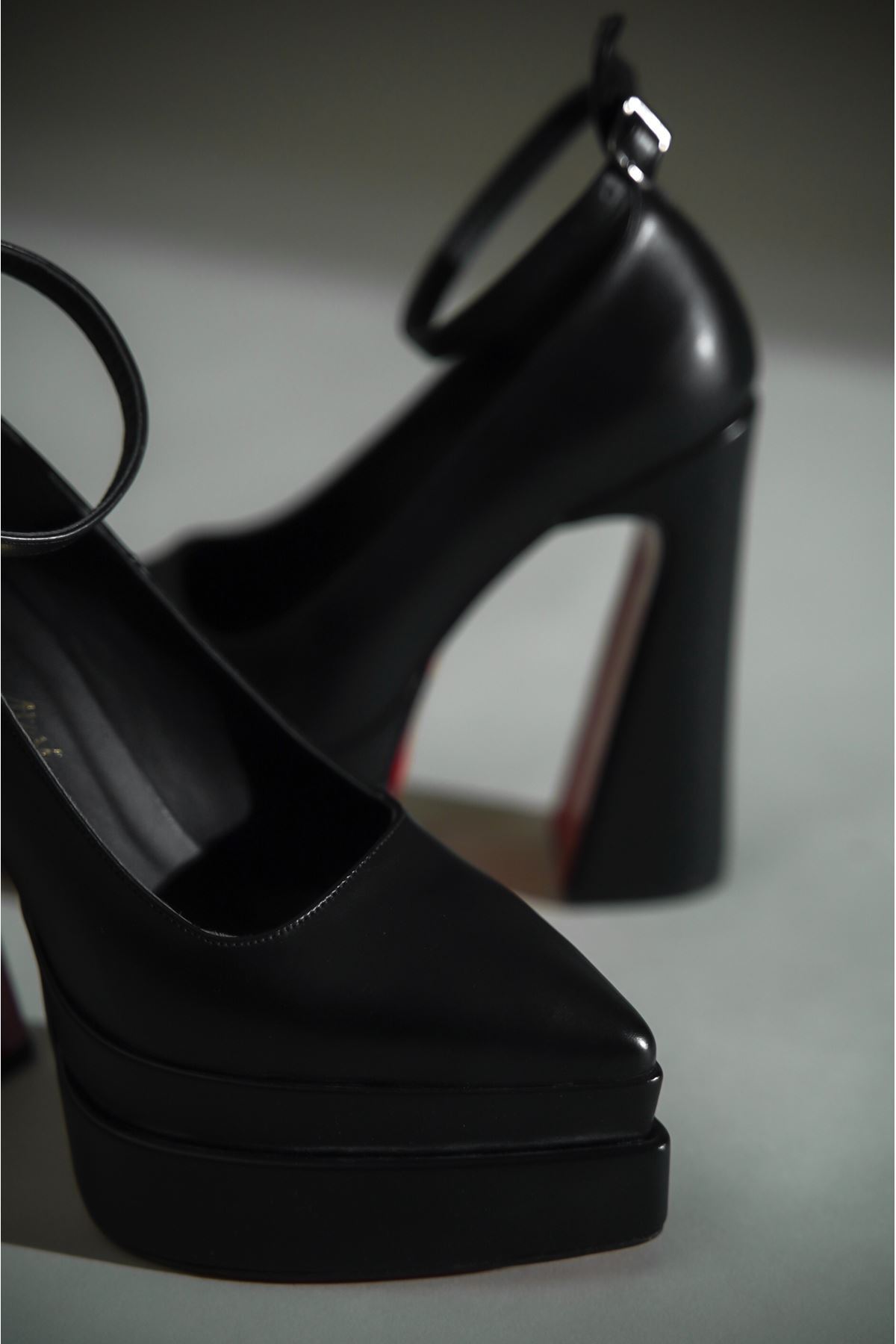 Siyah Cilt  Çift  Platform Özel Tasarım Kadın Ayakkabı Rigels