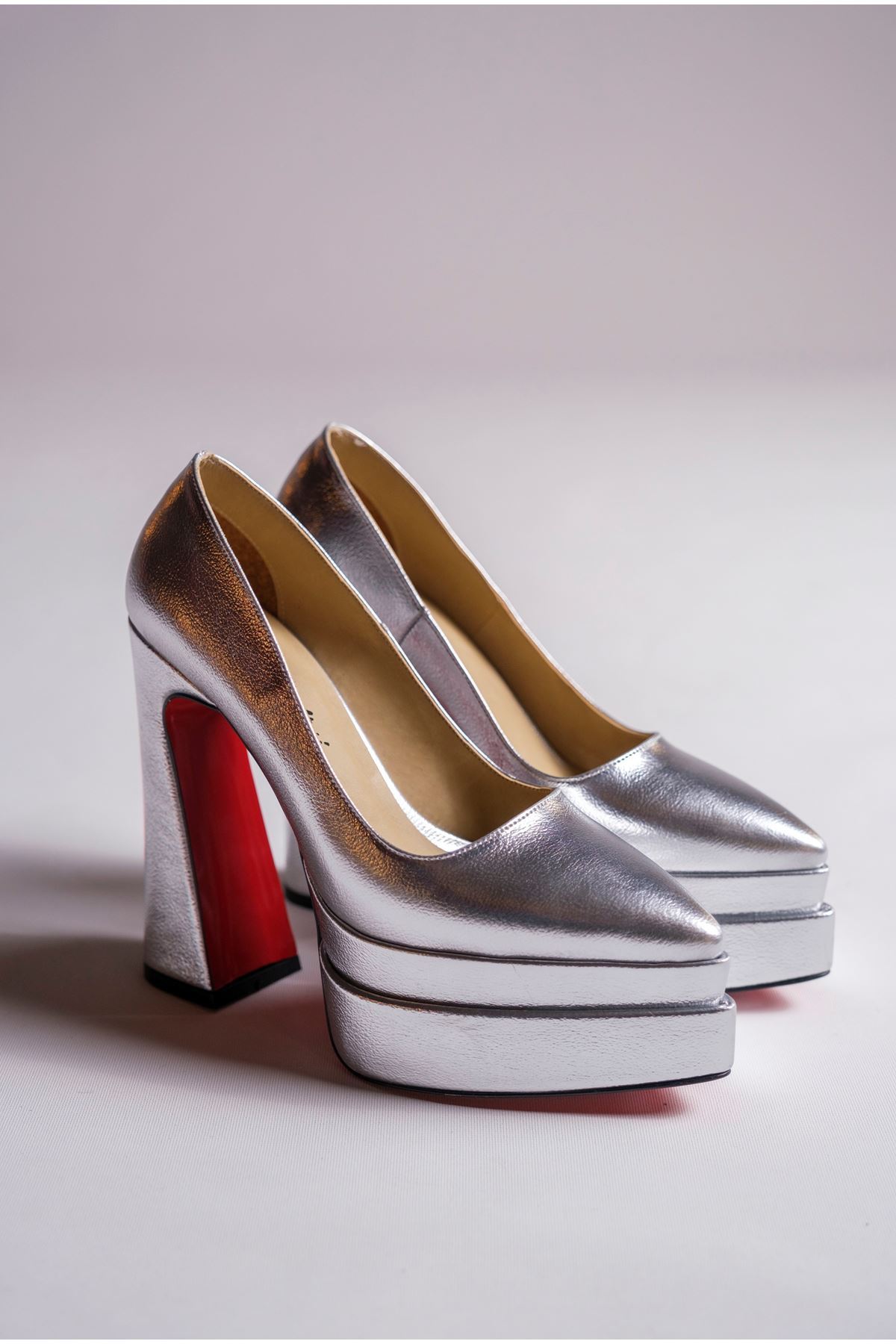 Gümüş Kırışık Çift  Platform Özel Tasarım Kadın Ayakkabı Rigel