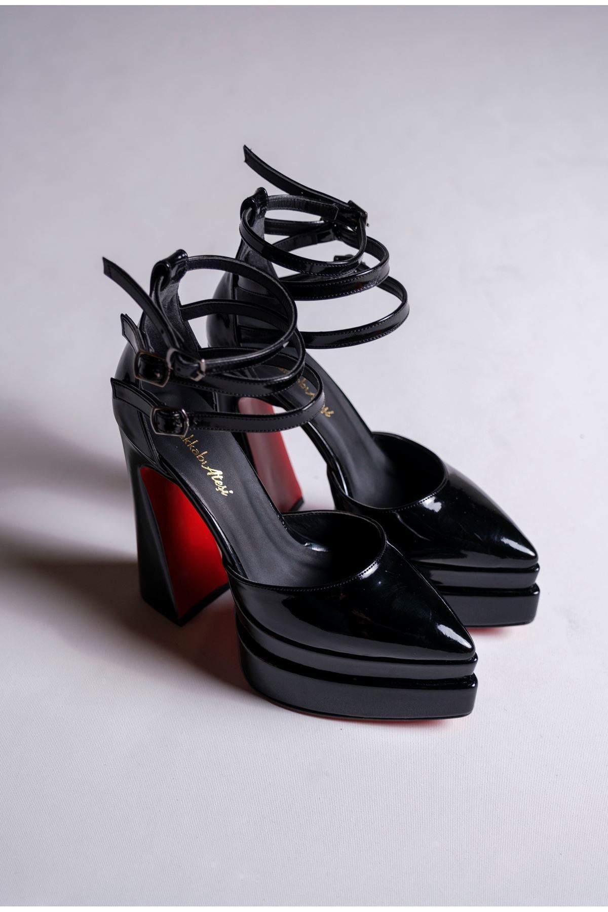 Siyah Rugan Çift  Platform Özel Tasarım Kadın Ayakkabı Auris