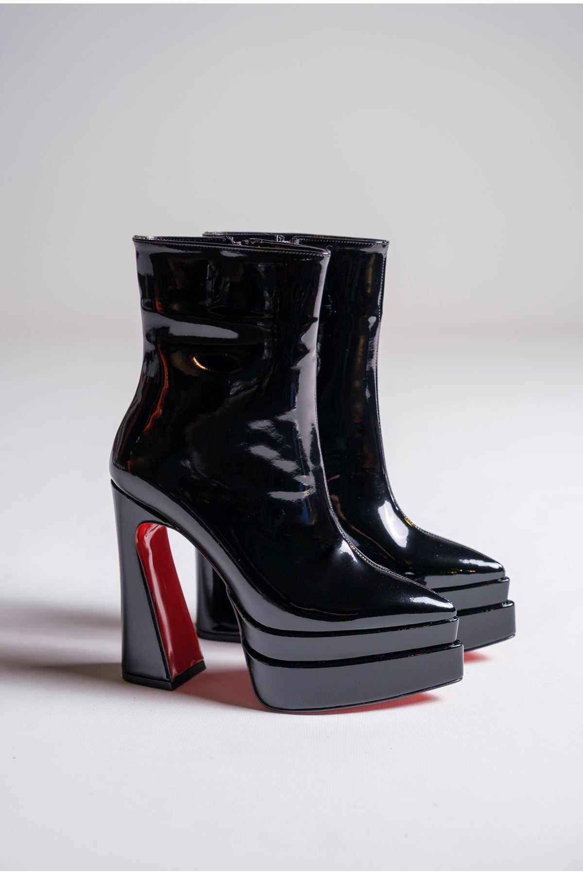 Siyah Rugan Çift  Platform Özel Tasarım Kadın Bot Ayakkabı Mojo