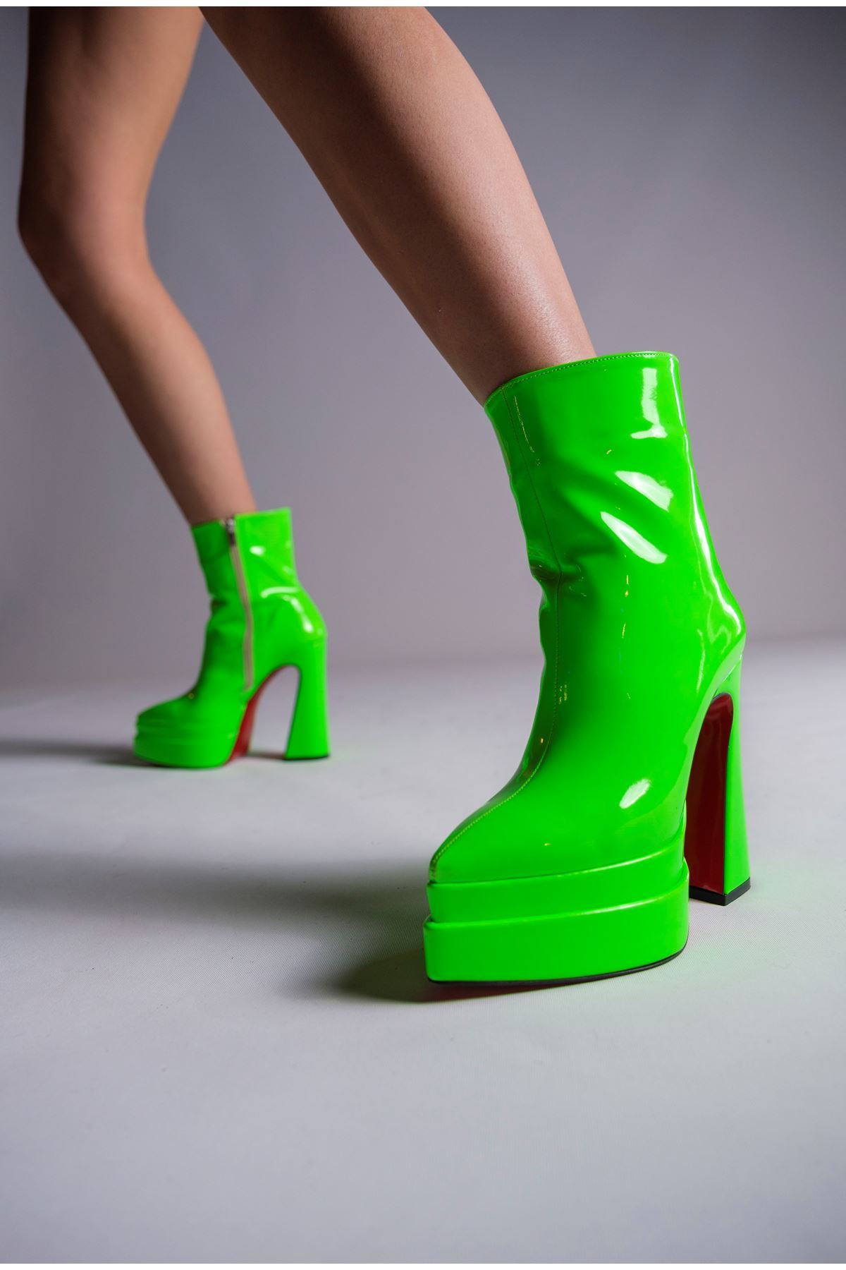 Yeşil Neon Rugan Çift  Platform Özel Tasarım Kadın Bot Ayakkabı Mojo