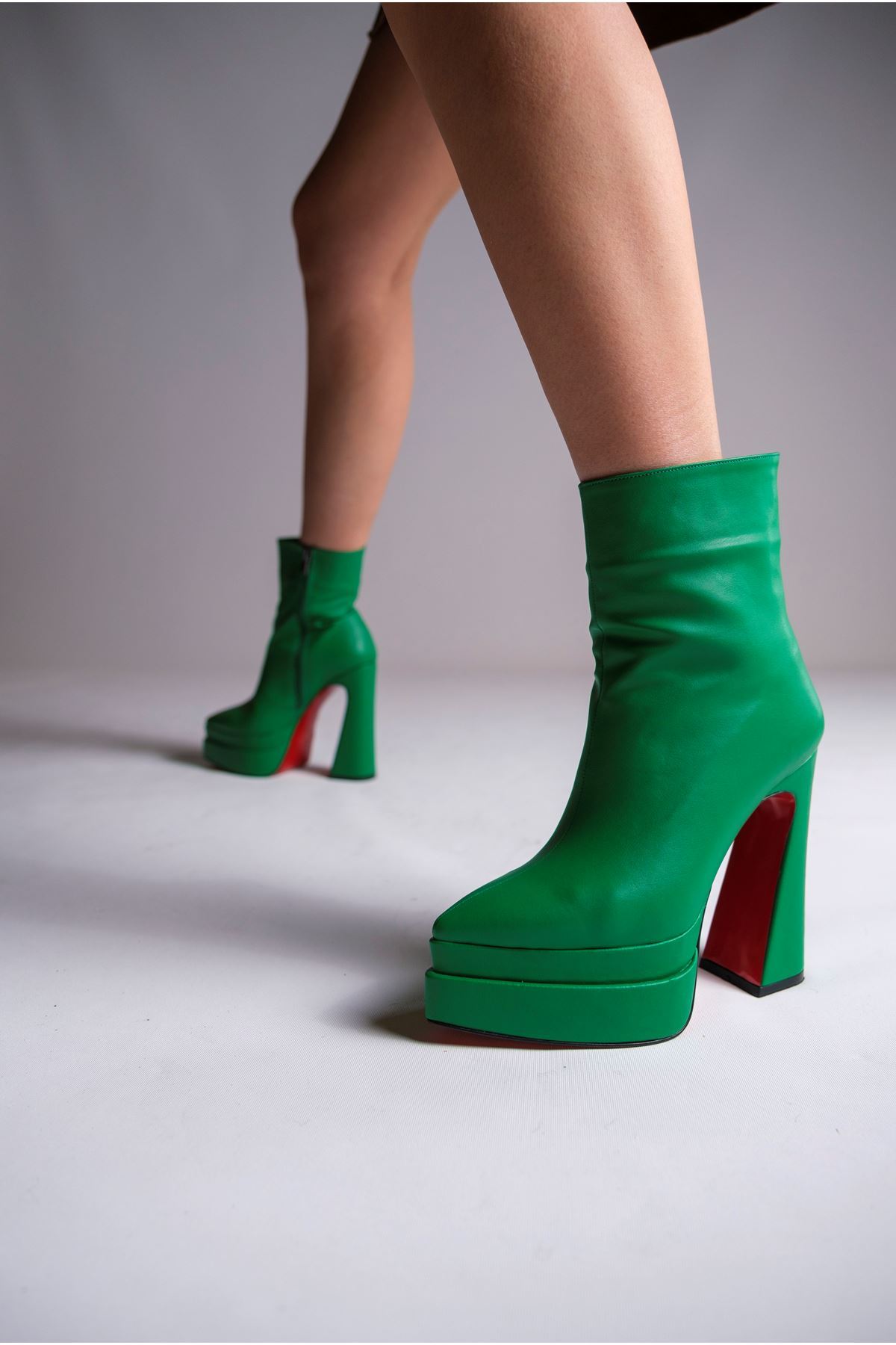 Yeşil Cilt  Çift  Platform Özel Tasarım Kadın Bot Ayakkabı Mojo