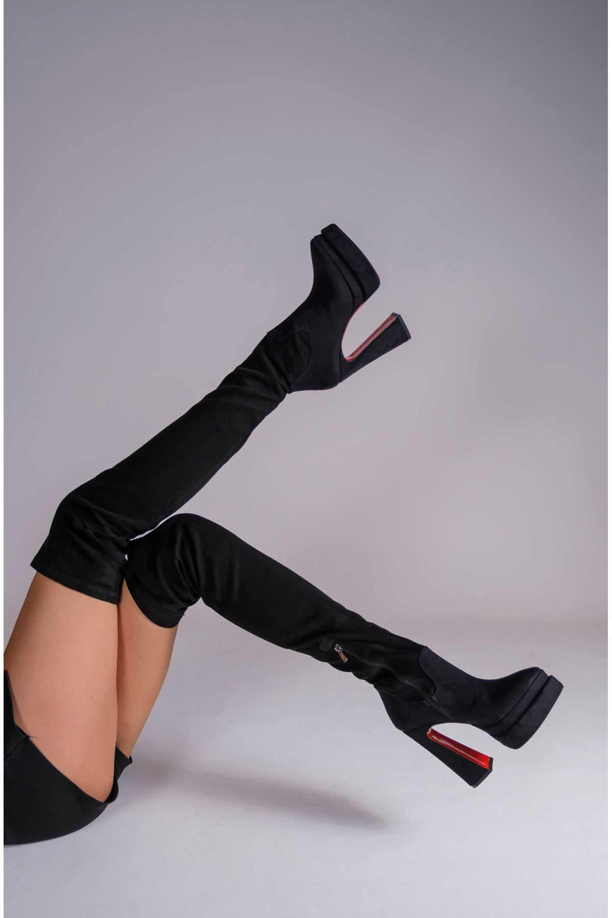 Siyah Süet Çift  Platform Tasarım Kadın Çizme Yüksek Topuklu Ayakkabı Brewery