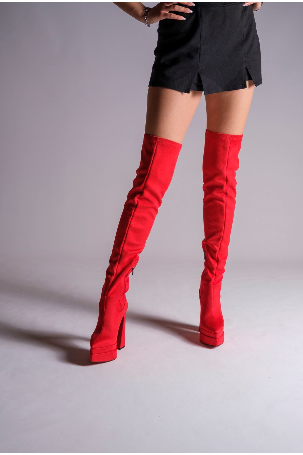Kırmızı Süet Çift  Platform Tasarım Kadın Çizme Yüksek Topuklu Ayakkabı Brewery