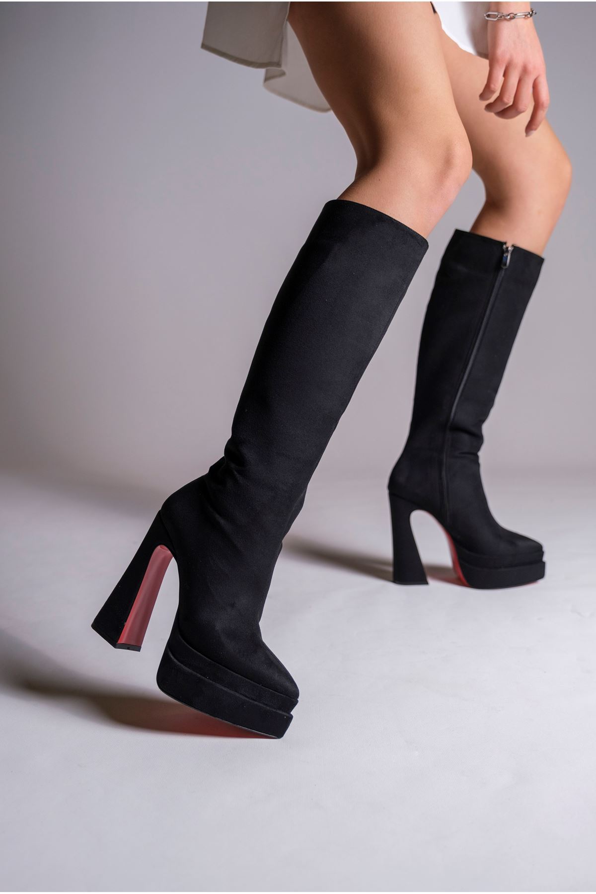 Siyah Süet Çift  Platform Tasarım Kadın Çizme Yüksek Topuklu Ayakkabı Jolly