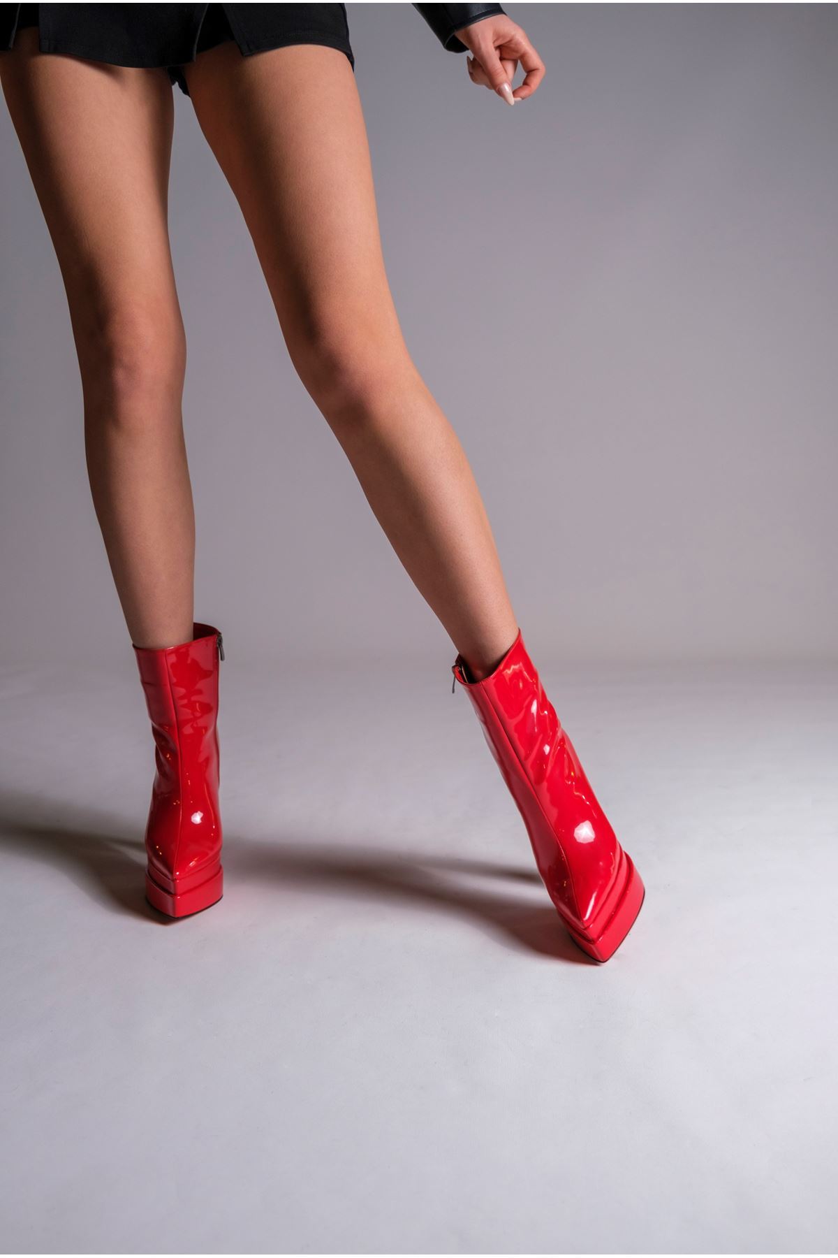 Kırmızı Rugan Çift  Platform Özel Tasarım Kadın Bot  Ayakkabı Mojo