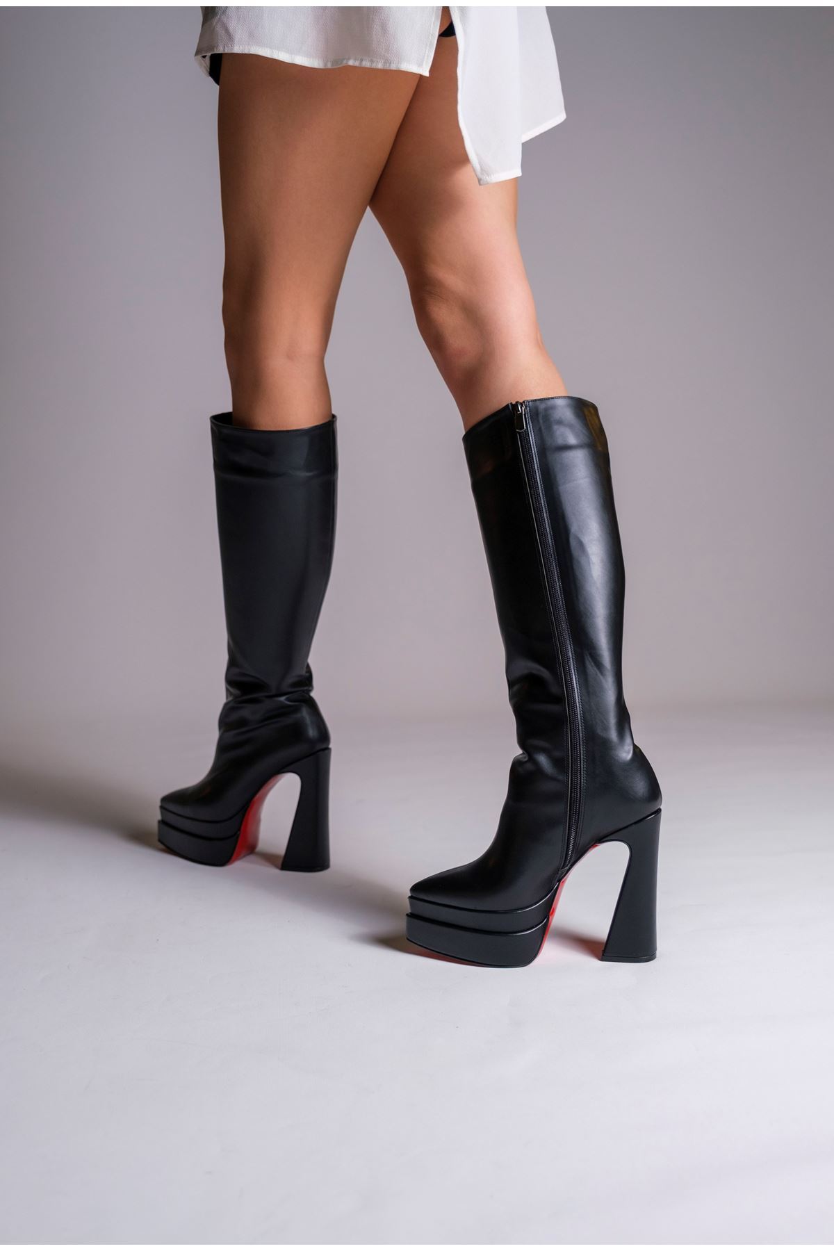 Siyah Cilt Çift  Platform Tasarım Kadın Çizme Yüksek Topuklu Ayakkabı Jolly
