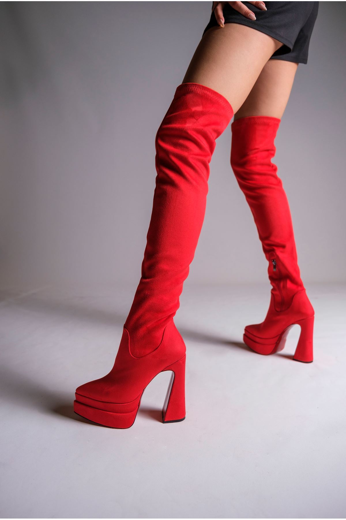 Kırmızı Süet Çift  Platform Tasarım Kadın Çizme Yüksek Topuklu Ayakkabı Brewery