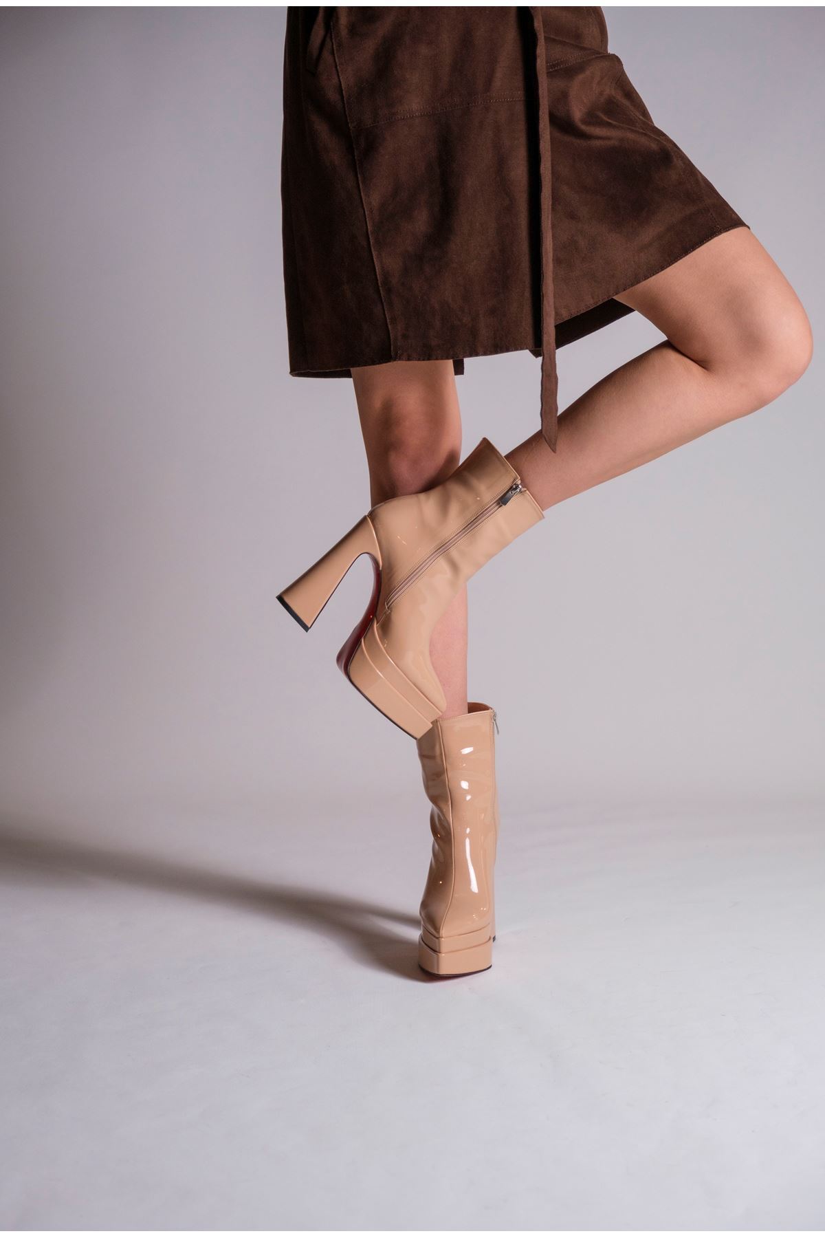 Nude Rugan Çift  Platform Özel Tasarım Kadın Bot  Ayakkabı Mojo