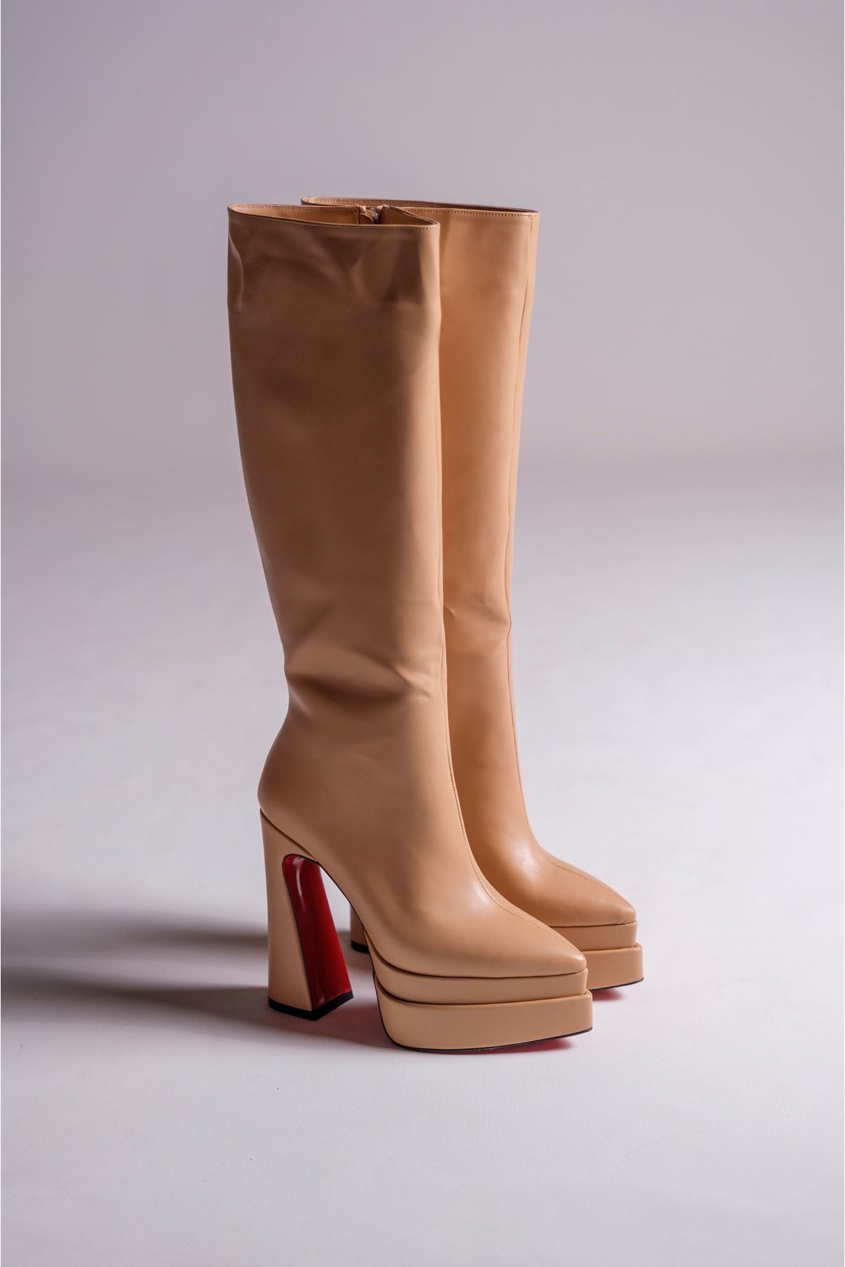 Nude Cilt Çift  Platform Tasarım Kadın Çizme Yüksek Topuklu Ayakkabı Jolly