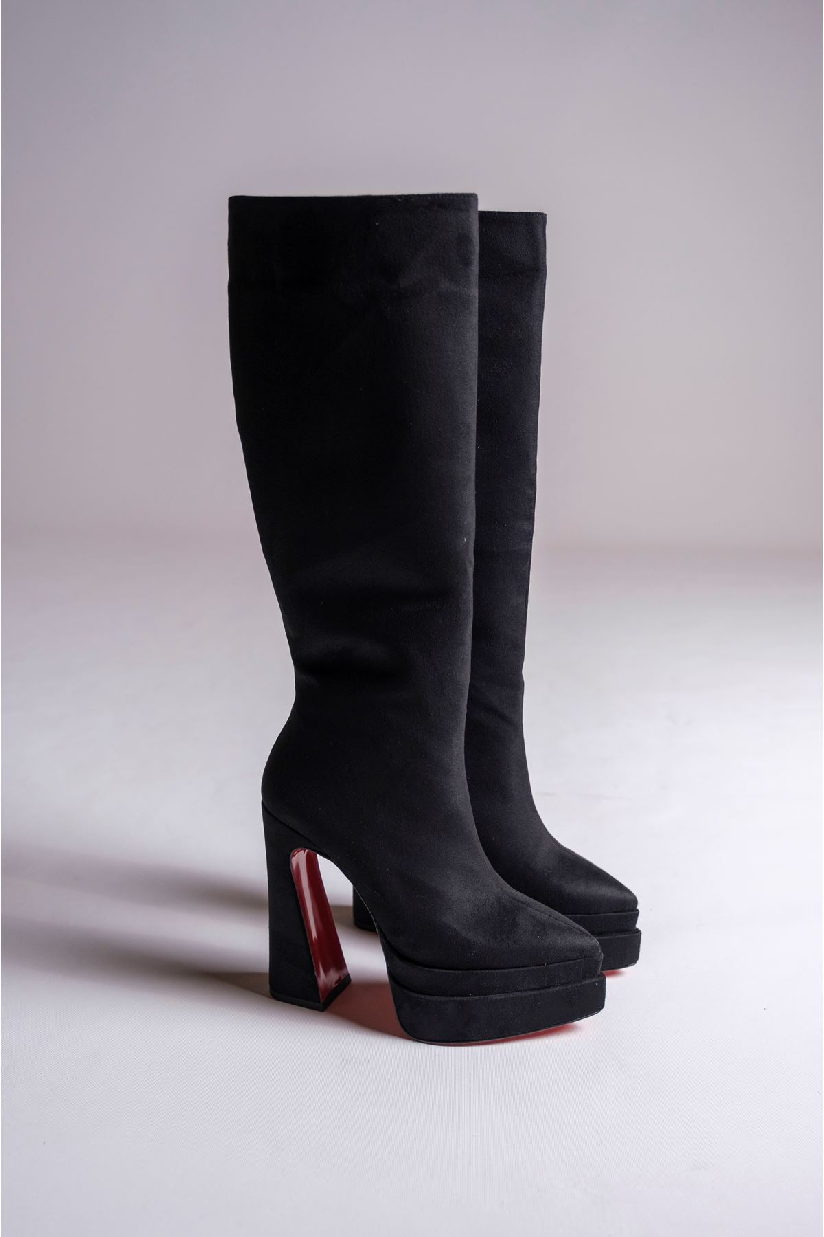 Siyah Süet Çift  Platform Tasarım Kadın Çizme Yüksek Topuklu Ayakkabı Jolly