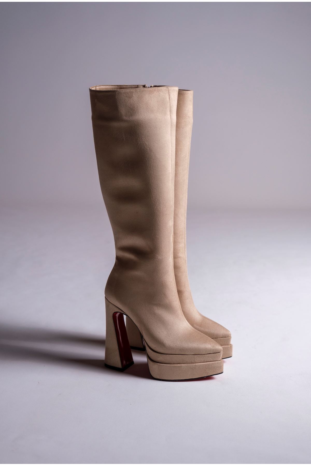 Ten Süet Çift  Platform Tasarım Kadın Çizme Yüksek Topuklu Ayakkabı Jolly