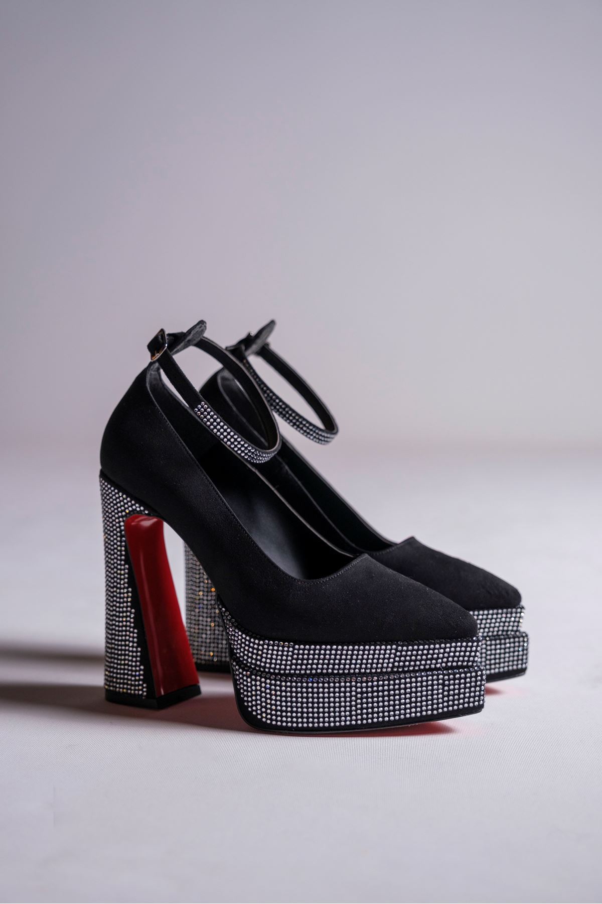 Siyah Süet Taşlı Çift  Platform Tasarım Kadın Yüksek Topuklu Ayakkabı Nardis