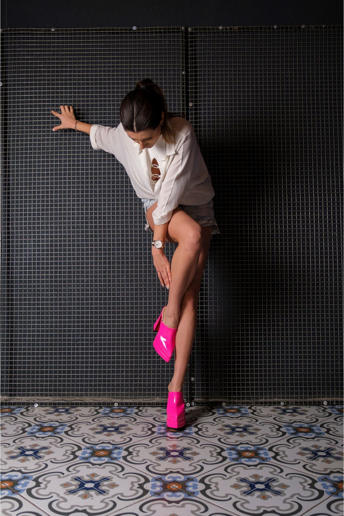 Fuşya Rugan Çift  Platform Tasarım Burnu Kapalı Kadın Terlik Yüksek Topuklu Ayakkabı Sortie