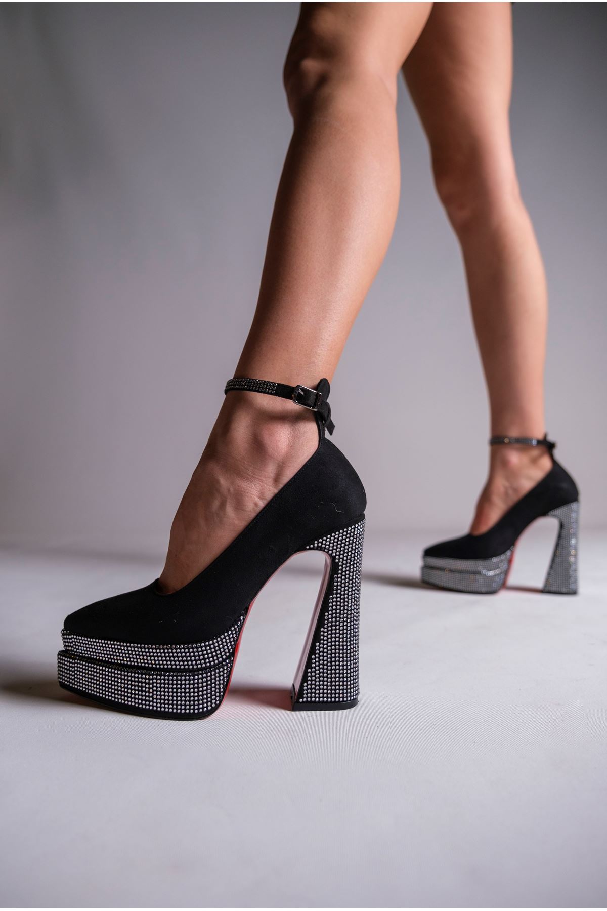 Siyah Süet Taşlı Çift  Platform Tasarım Kadın Yüksek Topuklu Ayakkabı Nardis