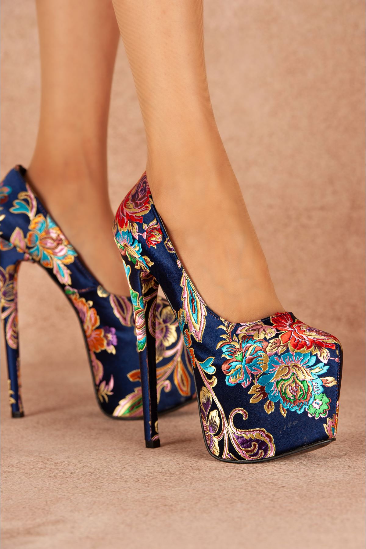 Josie Lacivert Çiçekli Yüksek Kadın Topuklu Ayakkabı 19 Cm